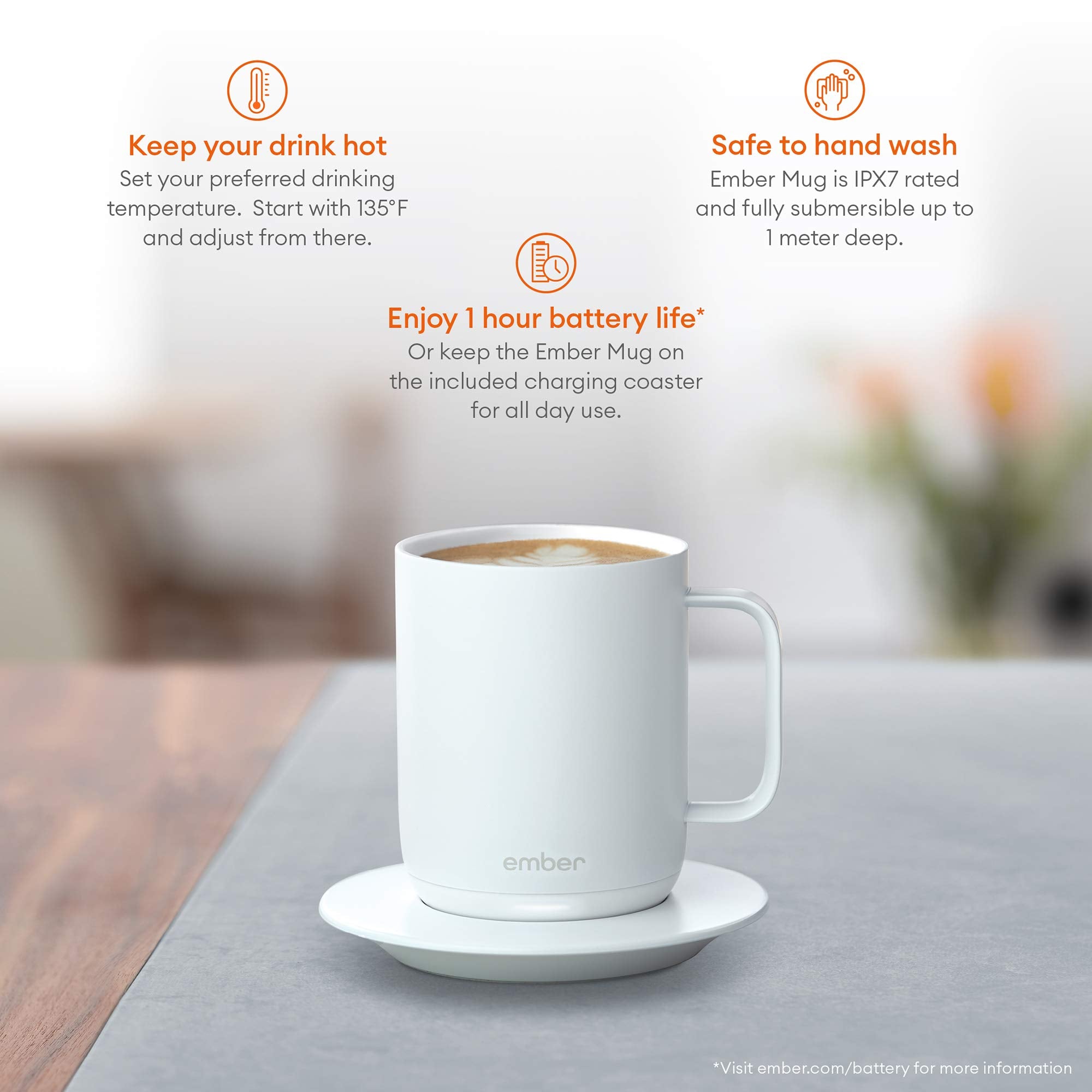 Ember Smart Mug 10oz - Temperature Control, 1-Hour Battery Life, White, Model CM17