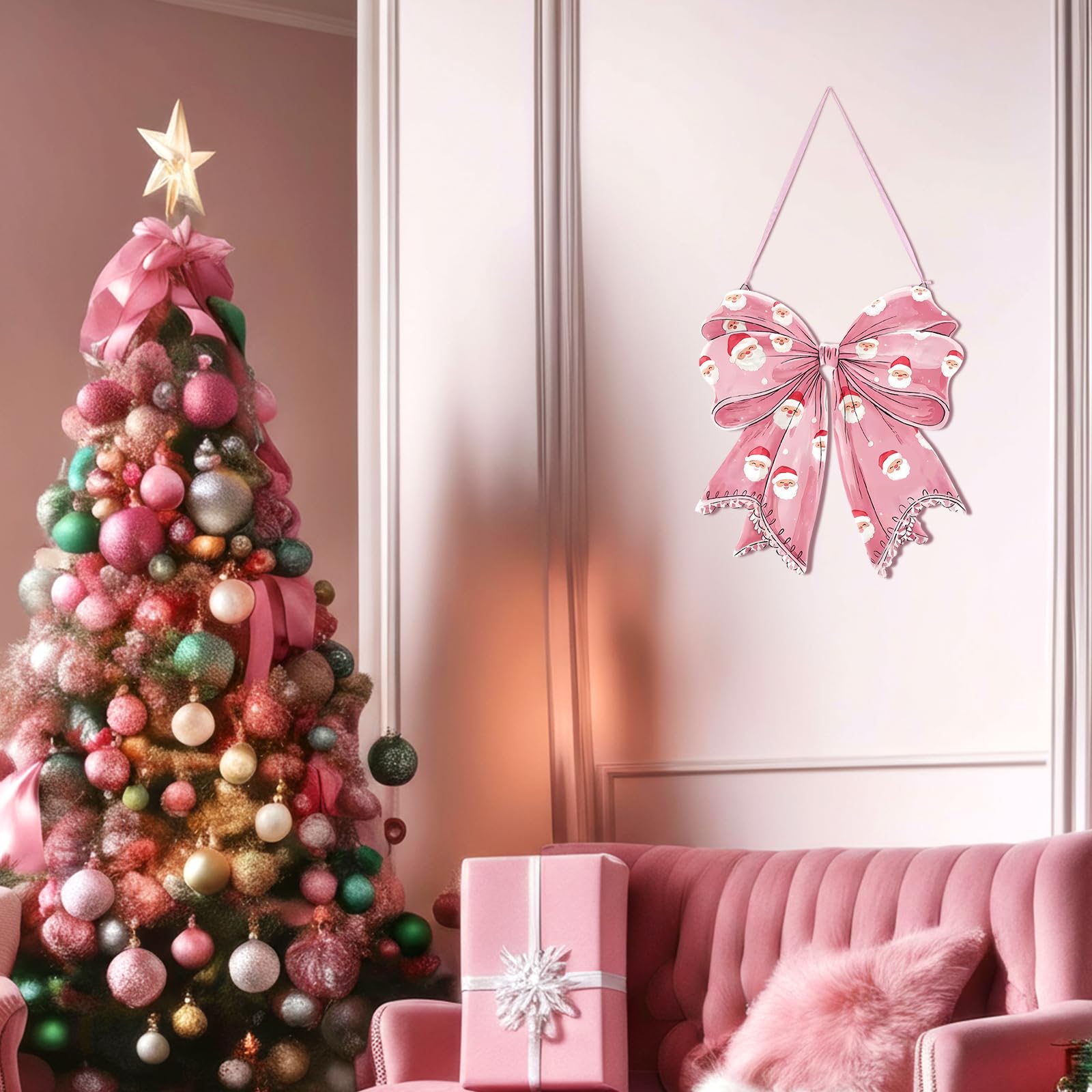 RattanView Santa Claus Pink Bow Wooden Hanging Sign Coquette Bow Wall Hanging Hanger Cute Christmas Preppy Wall Art Bowknot Welc