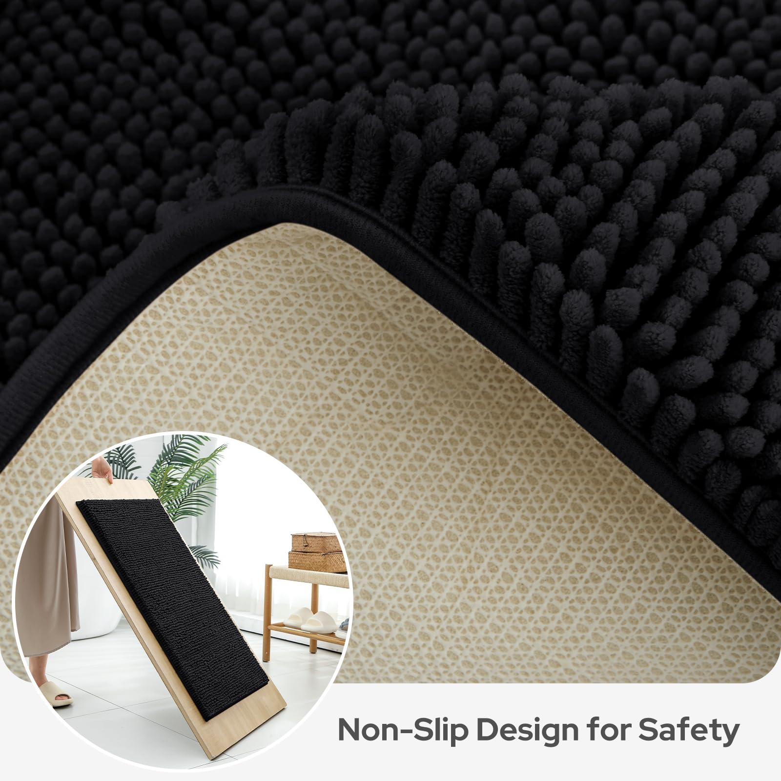 Bysure Black Bathroom Rugs Sets 3 Piece Non Slip Extra Absorbent Plush Chenille Soft Washable Bath Mats