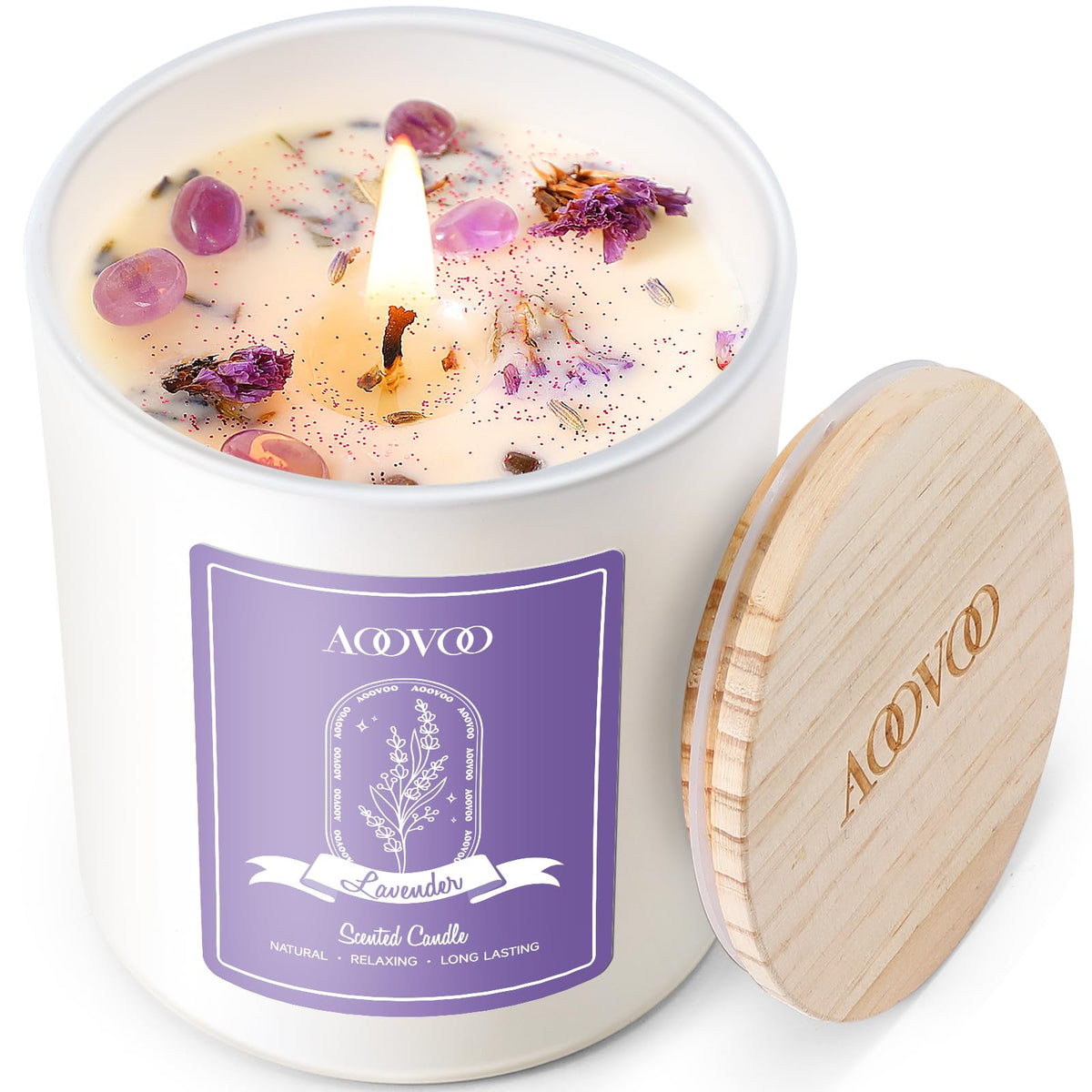 AOOVOO Lavender Scented Candles for Women - Aromatherapy Candle with Crystals Inside, 10oz Soy Candles for Home Scented, Valenti