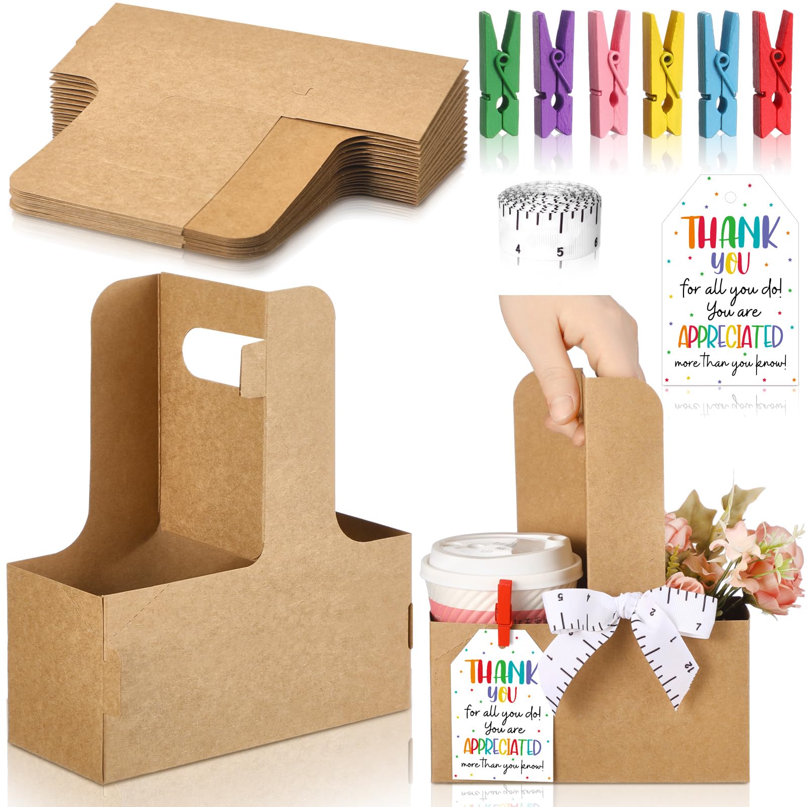 AmazingSpark 18 Set Teacher Appreciation Gifts Thank You 2 Cup Drink Carrier with Handle Kraft Paperboard Cup Holder with Clips 