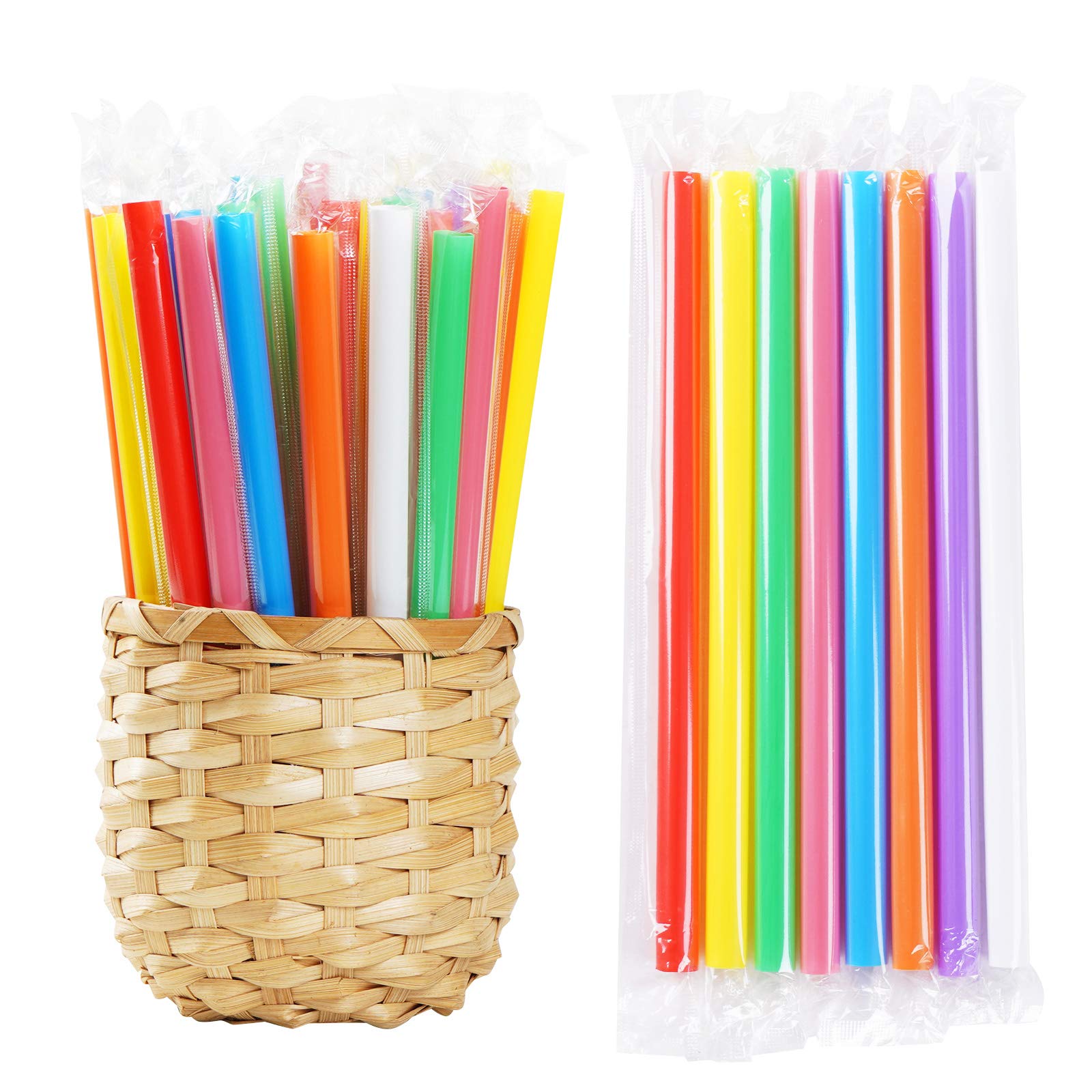 200 Pcs Individually Packaged Colorful Jumbo Smoothie Straws, Large Wide Milkshake Disposable Plastic Drinking Straw (0.43'' Dia