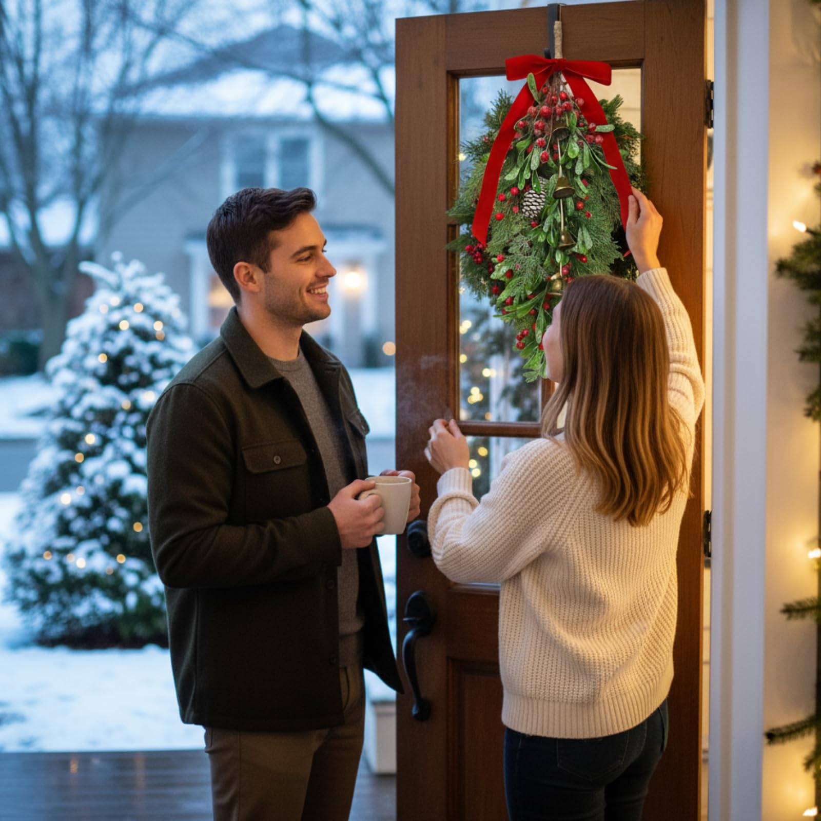 Daifunli 1pcs Christmas Teardrop Swag 30'' Mistletoe Artificial Christmas Decorative Swag Pine Cedar Holly Berry Hanging Wreath