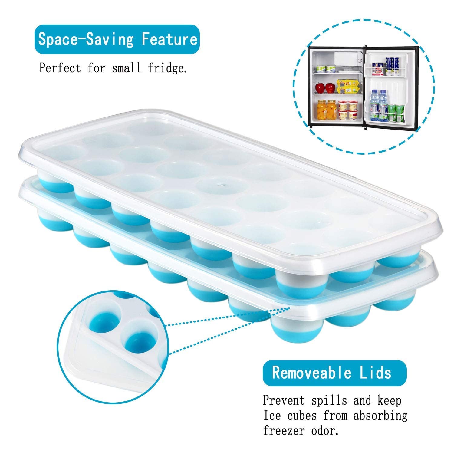 Ice Cube Trays Easy Release-Odor Free,Spill Resistant Lid Included,2 Pack, Small Size, Stackable 42 Cubes,Silicone(Blue)