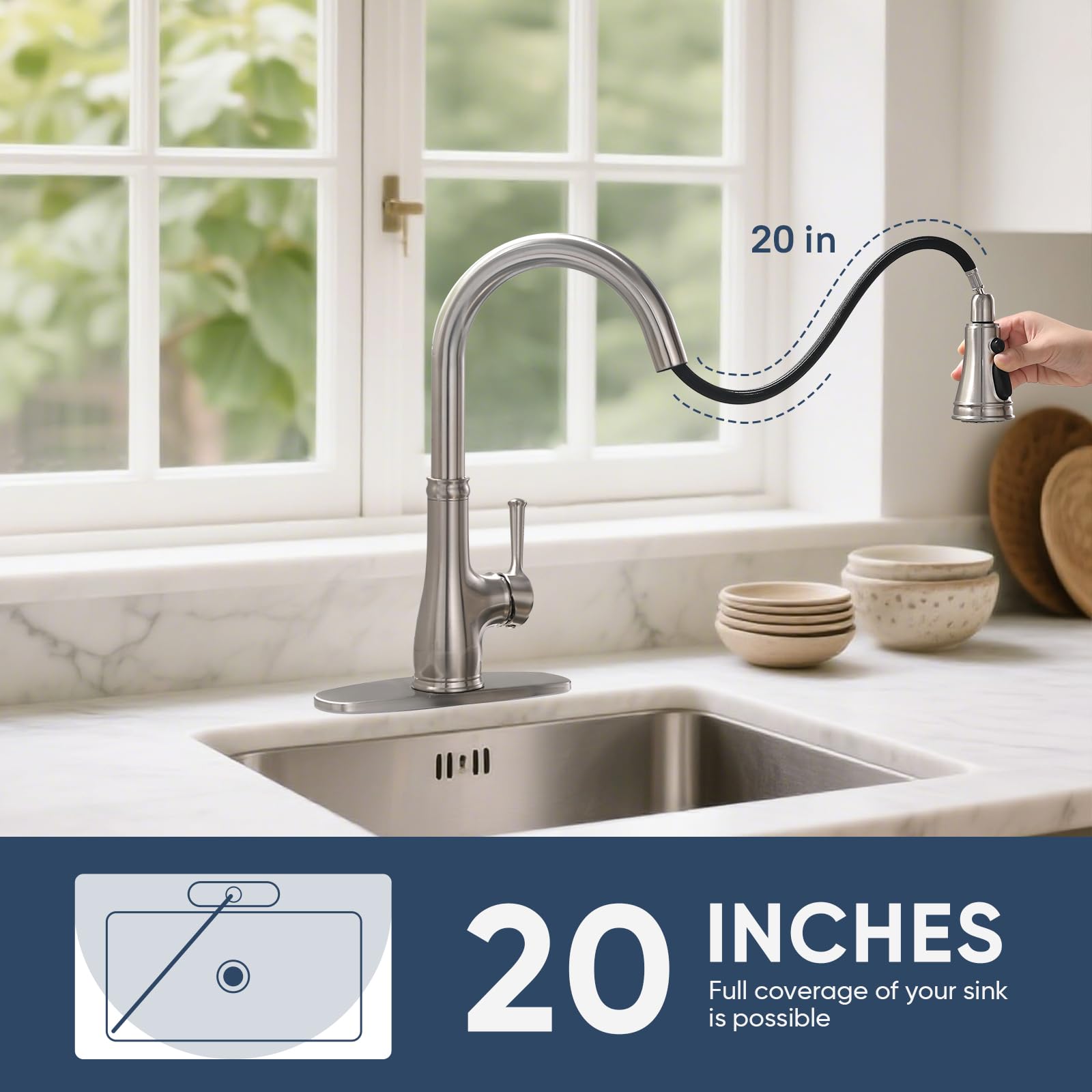 Kitchen Faucet-WEWE Single Handle Stainless Steel Brushed Nickel Pull Down Kitchen Sink Faucet with Pull Out Sprayer