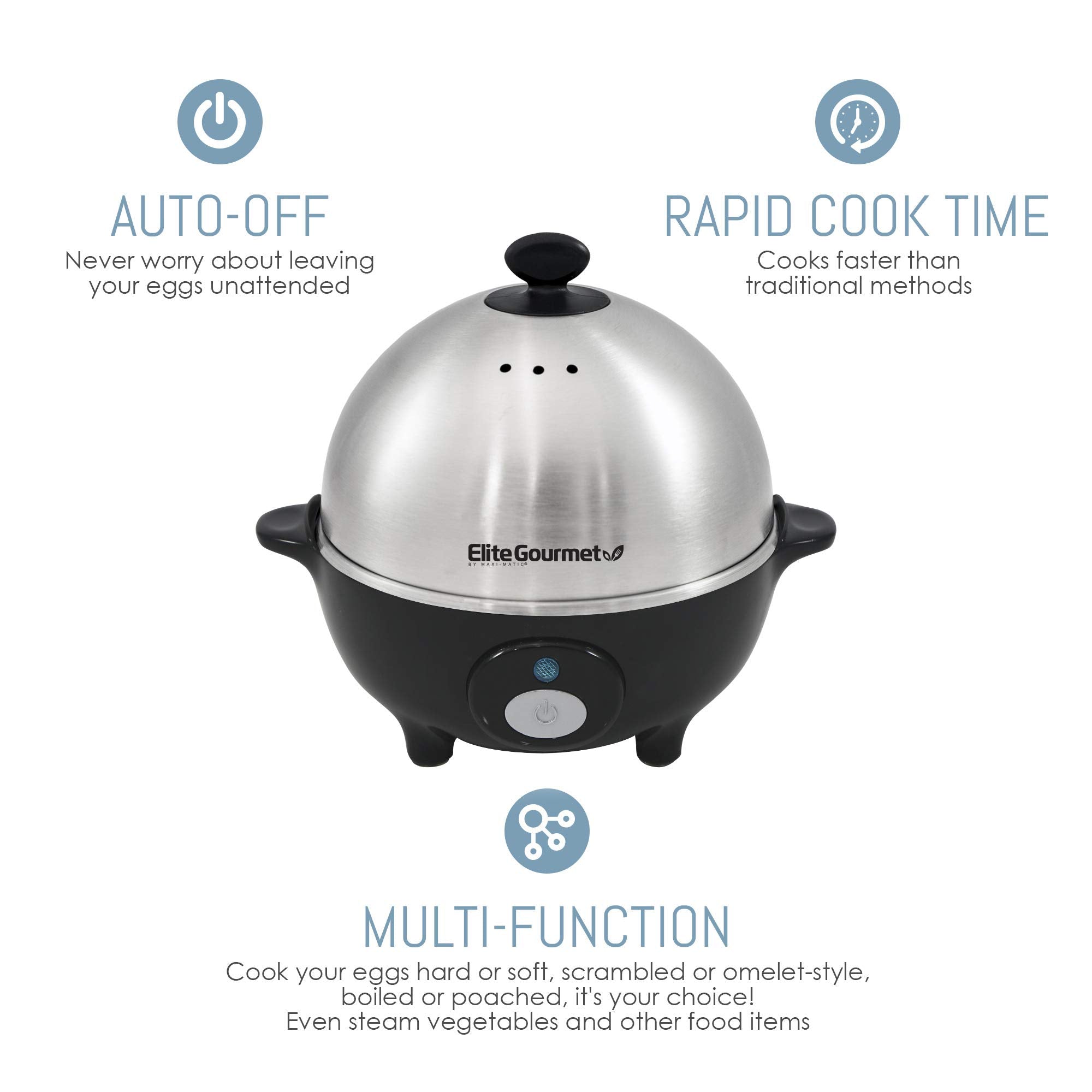 Elite Gourmet Egc-508 Rapid Egg Cooker, 7 Easy-To-Peel, Hard, Medium, Soft Boiled Eggs, Poacher, Omelet Maker, Auto Shut-Off, Al