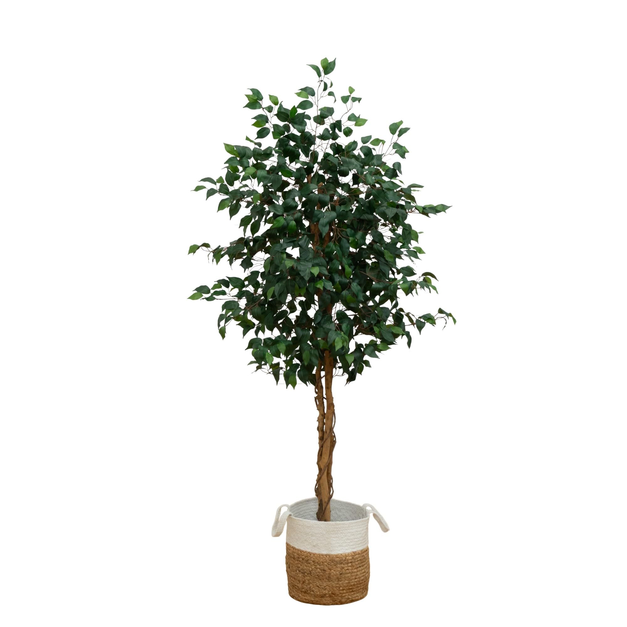 Nearly Natural 6ft. Triple Trunk Ficus Artificial Tree with Natural Trunks in Handmade Natural Jute and Cotton Basket Planter