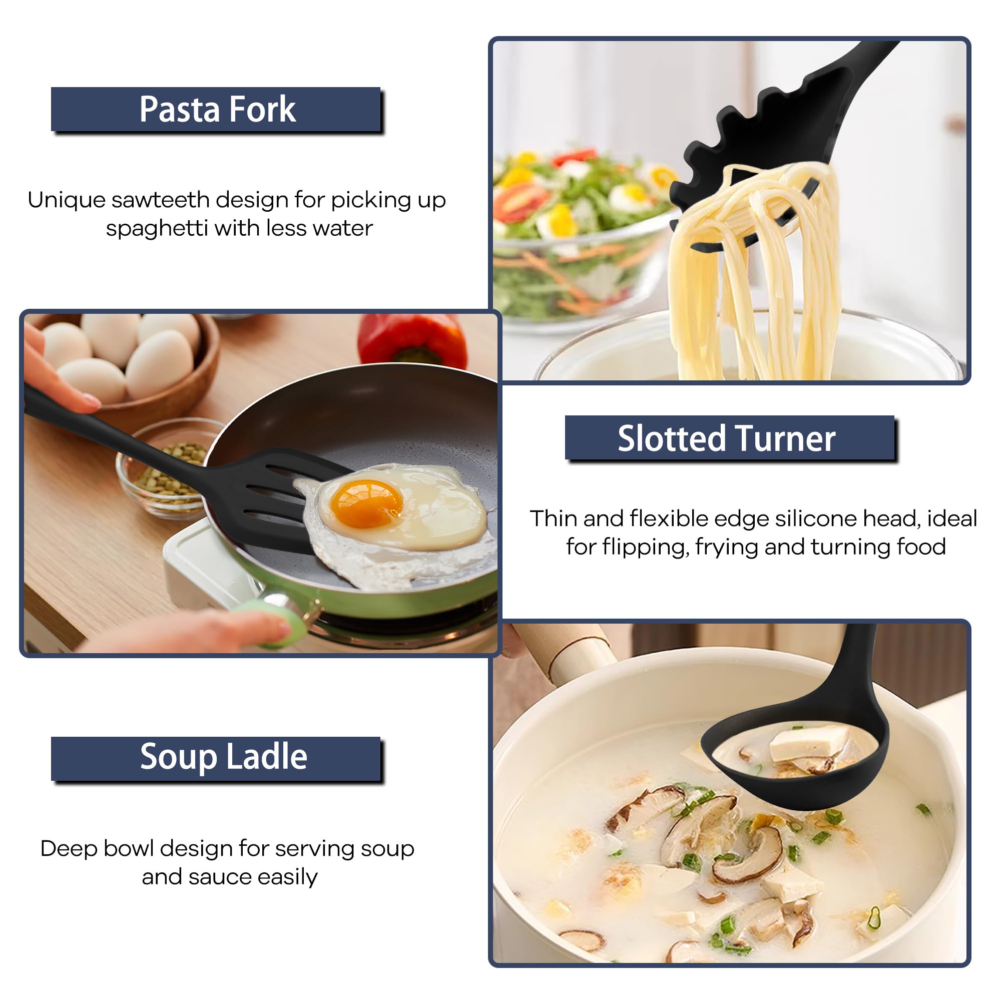 Teamfar Silicone Cooking Utensil Set Of 7, Black Kitchen Nonstick Tools Turner Spoon Spatula Ladle Pasta Server For Nonstick Coo