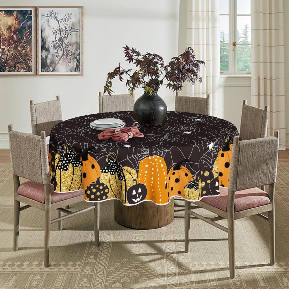 Horaldaily Halloween Tablecloth 70X70 Inch Round, Jack-O-Lantern Pumpkin Cobweb Scary Themed Black Washable Table Cover For Part