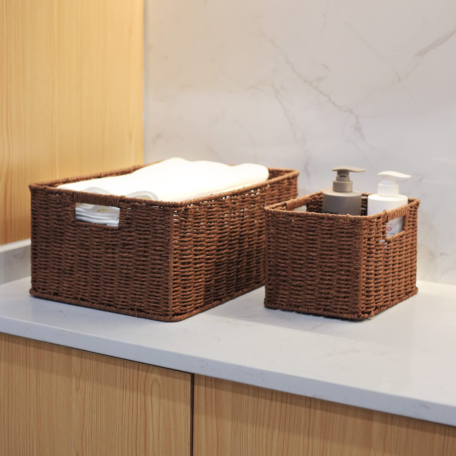 HOONEX Large Woven Baskets for Storage  Paper Rope Baskets with Sturdy Metal Wire Frame  Baskets for Shelves  Set of 3  Dark Brown