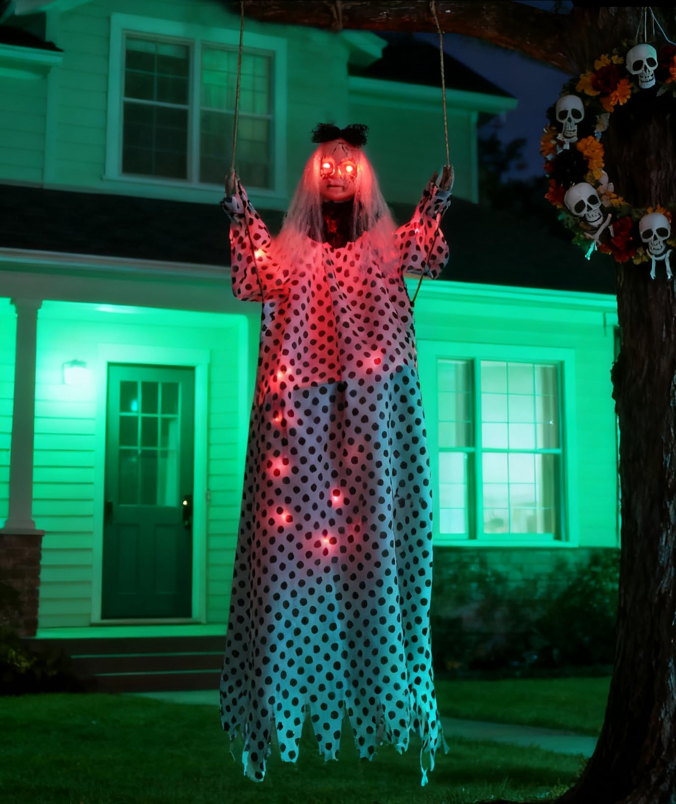 HOMELEX 50 Inch Hanging Swinging Gir White Ghosts Halloween Light-Up LED Eyes Prop Indoor and Outdoor Decoration