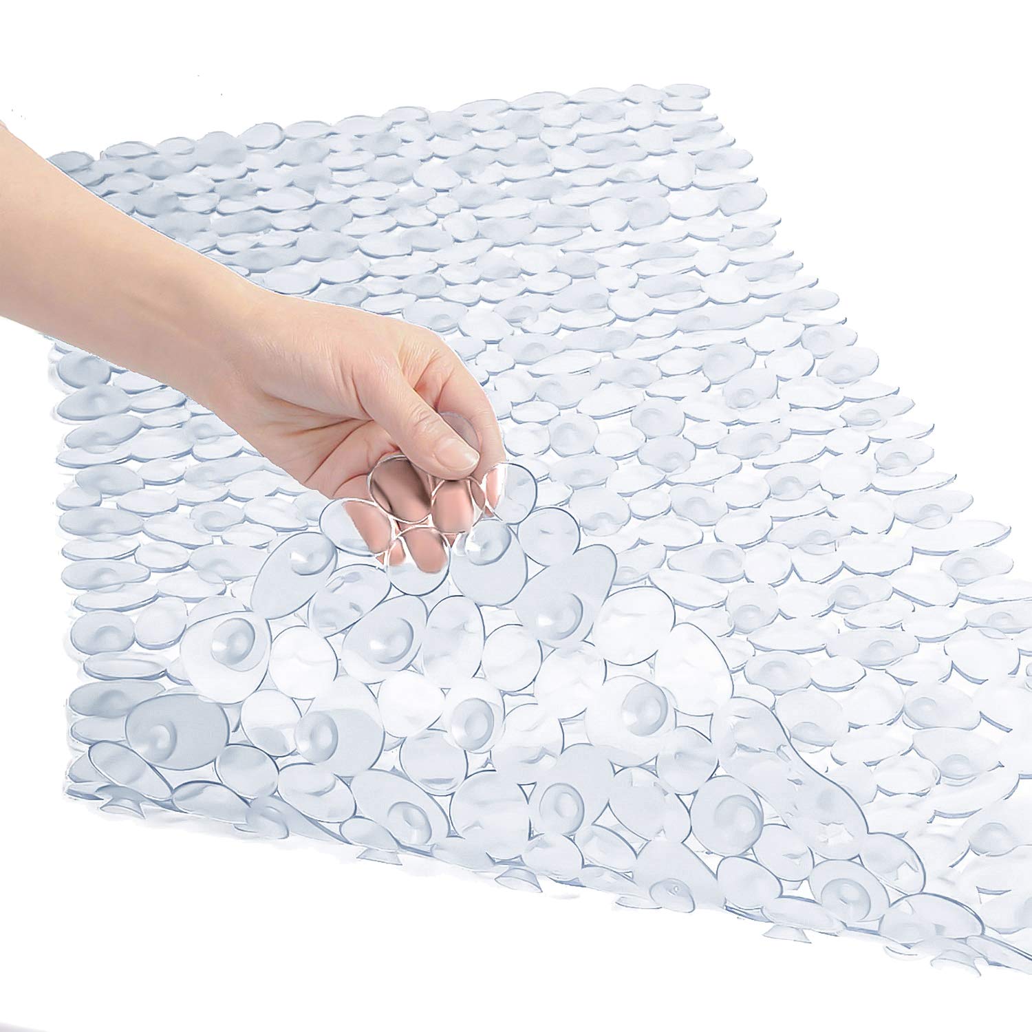 WELTRXE Non Slip Bath Mat Pebbles Bathtub Mat with Suction Cups, Drain Holes for Bathroom Showers, Tub, 35 x 16 Inches Machine W