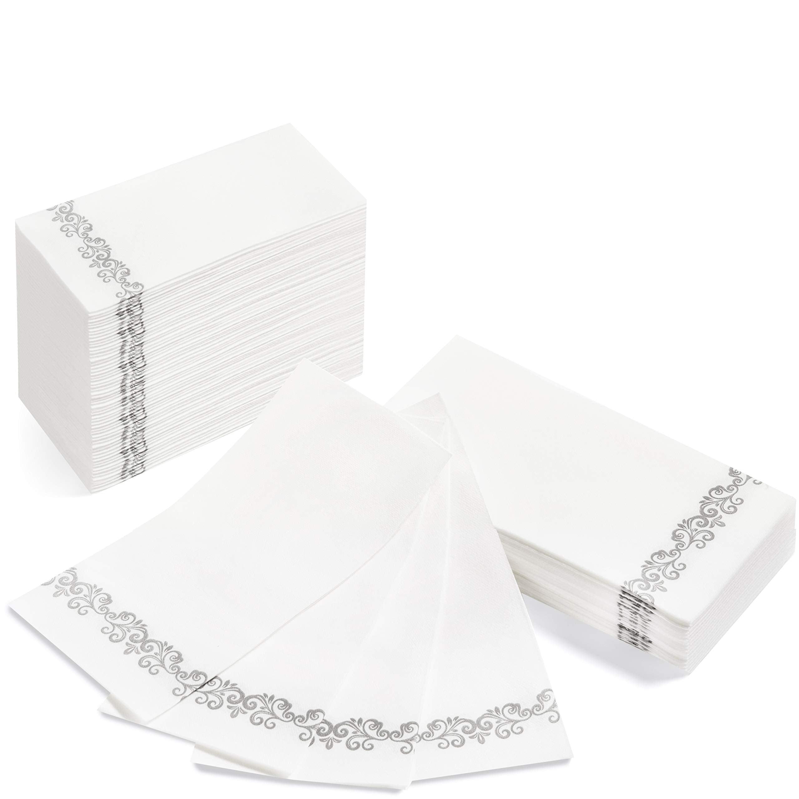 AH AMERICAN HOMESTEAD Disposable Paper Hand Towels for Bathroom Decorative - White Linen-Like Paper Napkins - Ideal For Guest Bathroom Dinner Party Or Wedding (Silver Vintage  100)