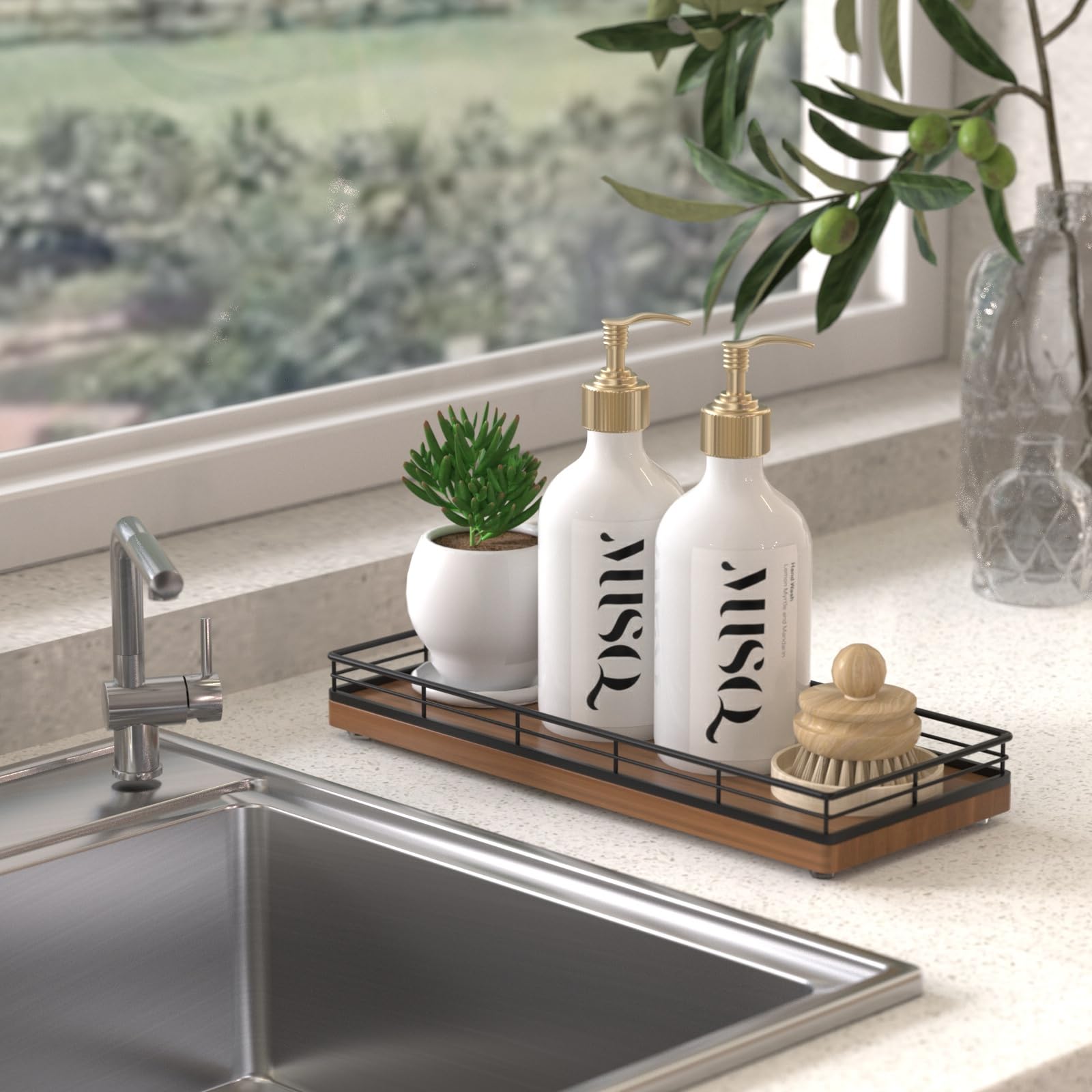 Oak Wooden Kitchen Soap Tray, 11'' Sink Countertop Soap Dispenser Sponge Holder, Spice Salt And Pepper Organizer For Dining Room