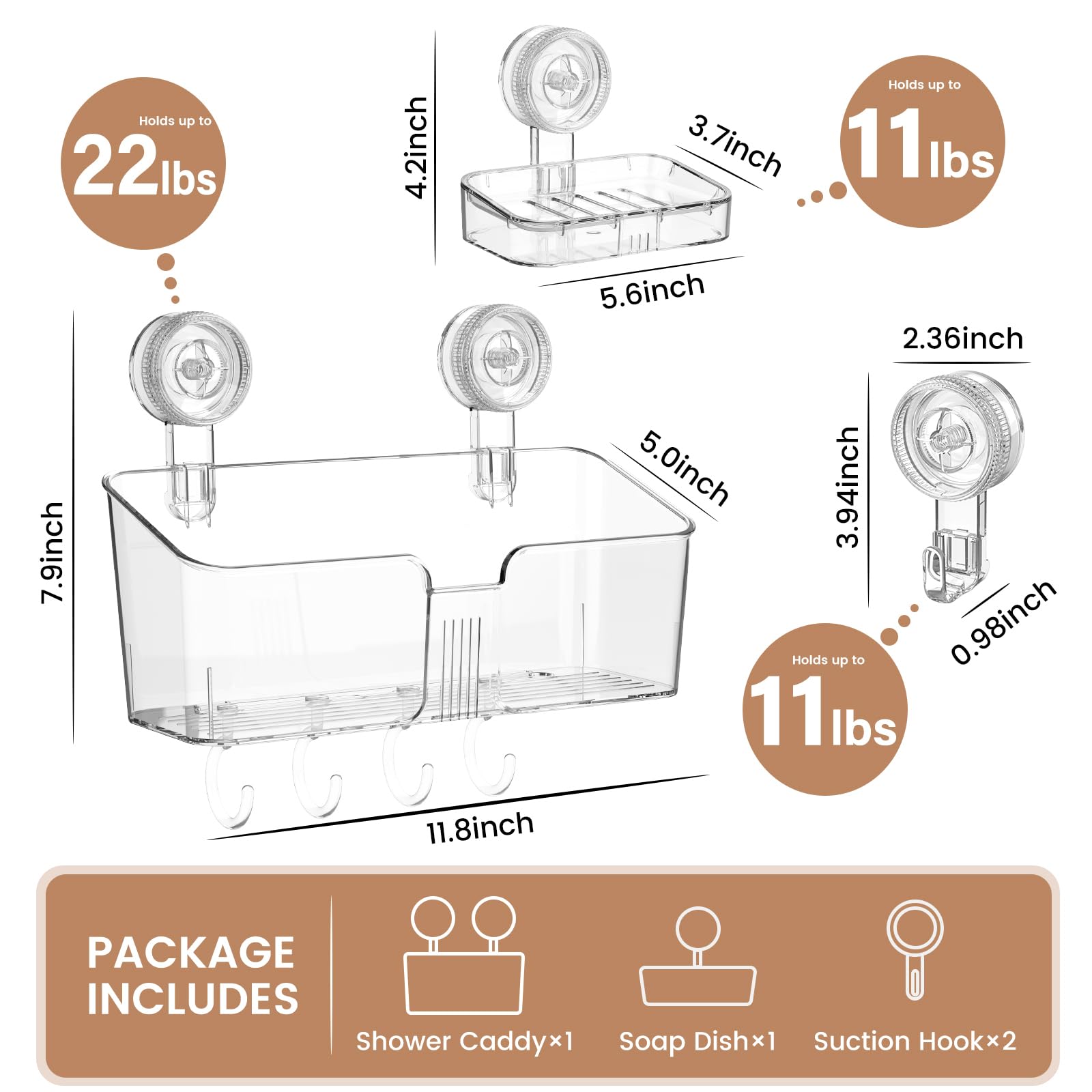 Luxear 4 Packs Shower Caddy Suction Cup Clear White - Shower Shelf+Soap Dish+Suction Hooks - 1 Second Installation No-Drilling R