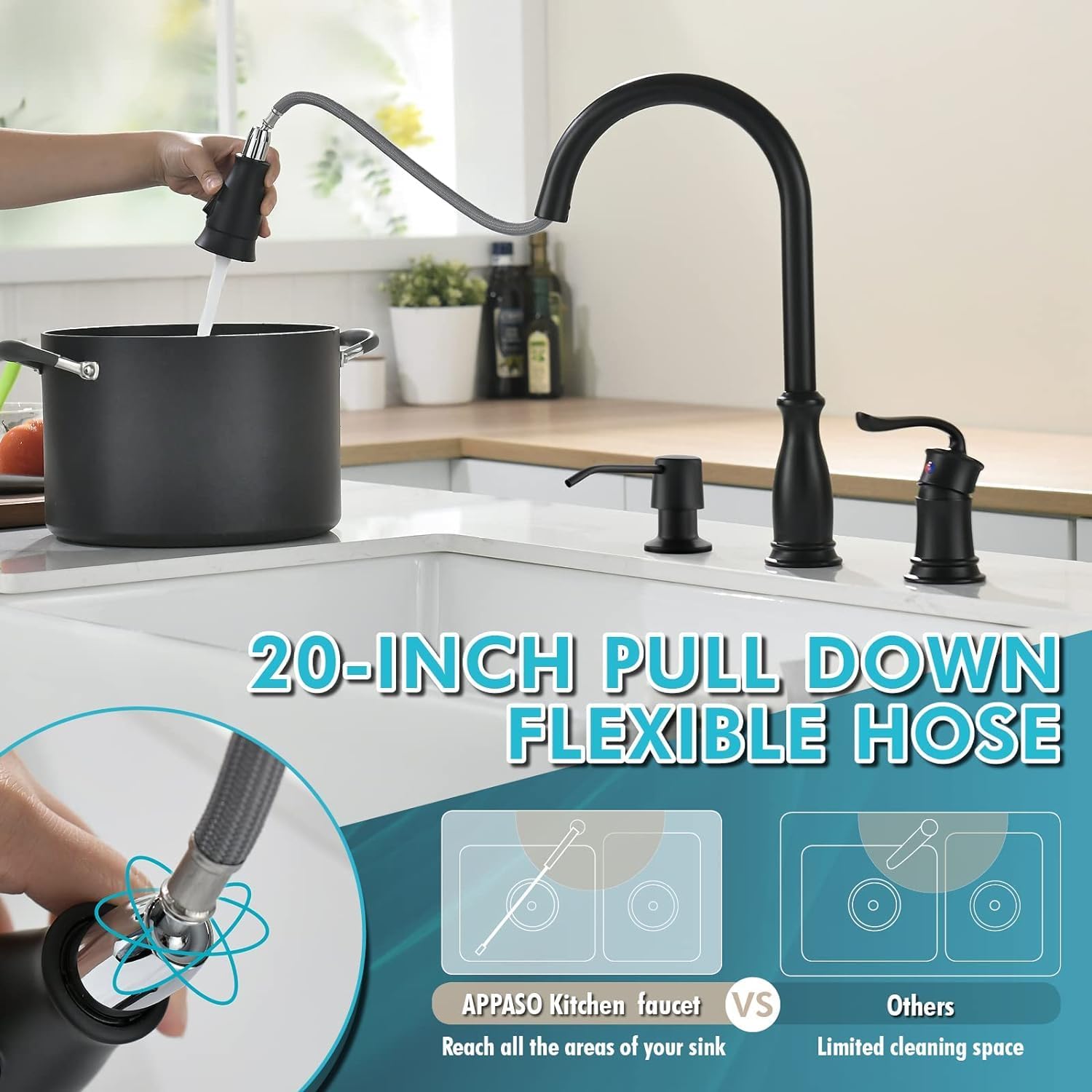3 Hole Kitchen Faucet With Pull Down Sprayer, Appaso Kitchen Faucet With Soap Dispenser, 3 Pieces Kitchen Faucet With Separate H