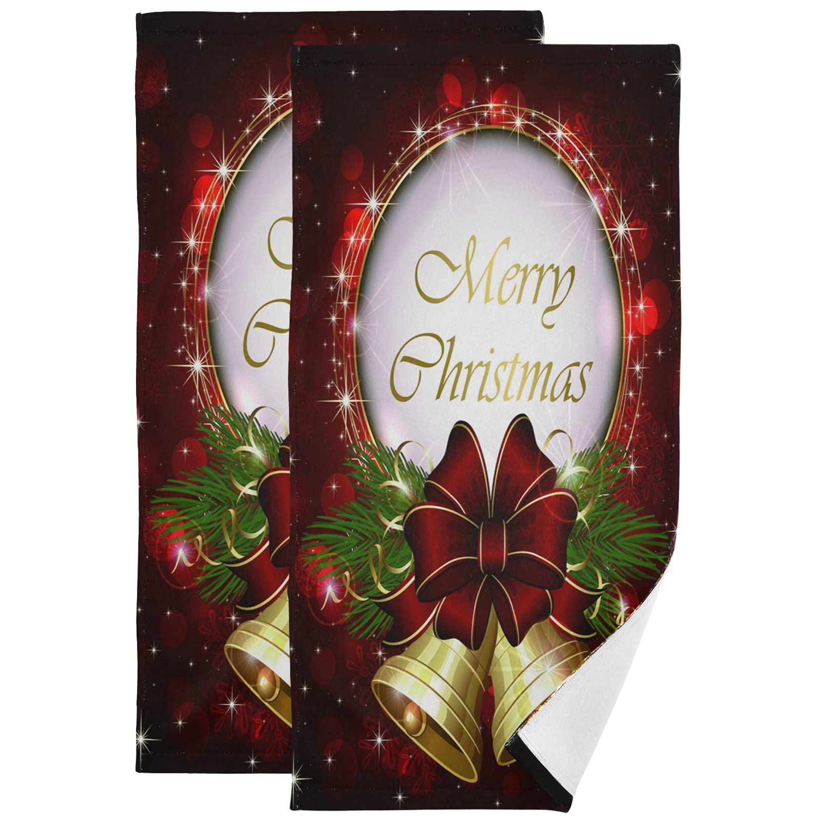 Pfrewn Christmas Bells Bow Hand Towel Set Of 2 Red Snowflakes Golden Glitter Bathroom Towel 16X30 In Soft Absorbent Small Guest