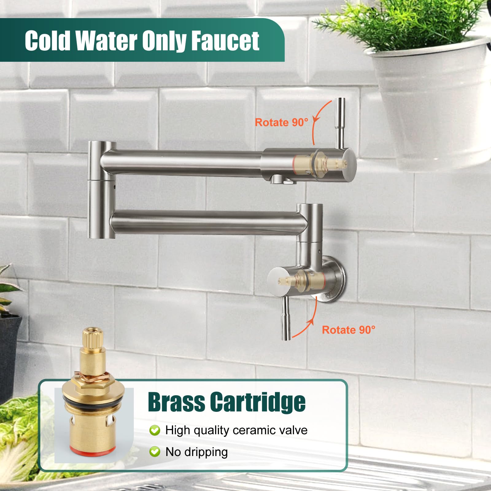 Heyalan 19'' Pot Filler Brushed Nickel Wall Mounted Folding Stretchable Kitchen Restaurant Faucet with Double Joint Swing Arm Single Hole Two Handles Commercial NPT Stainless Steel Stove Tap