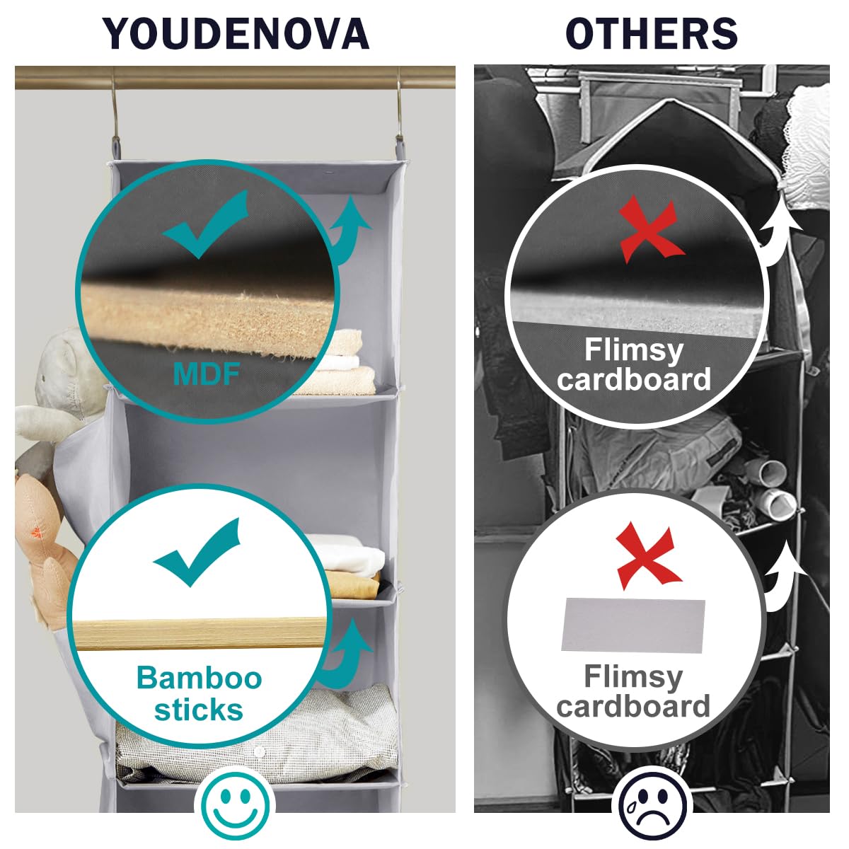 Youdenova Hanging Closet Organizer And Storage, 6-Shelf Closet Hanging Shelves | Sturdy Bamboo Structure Cloth Hanging Storage,