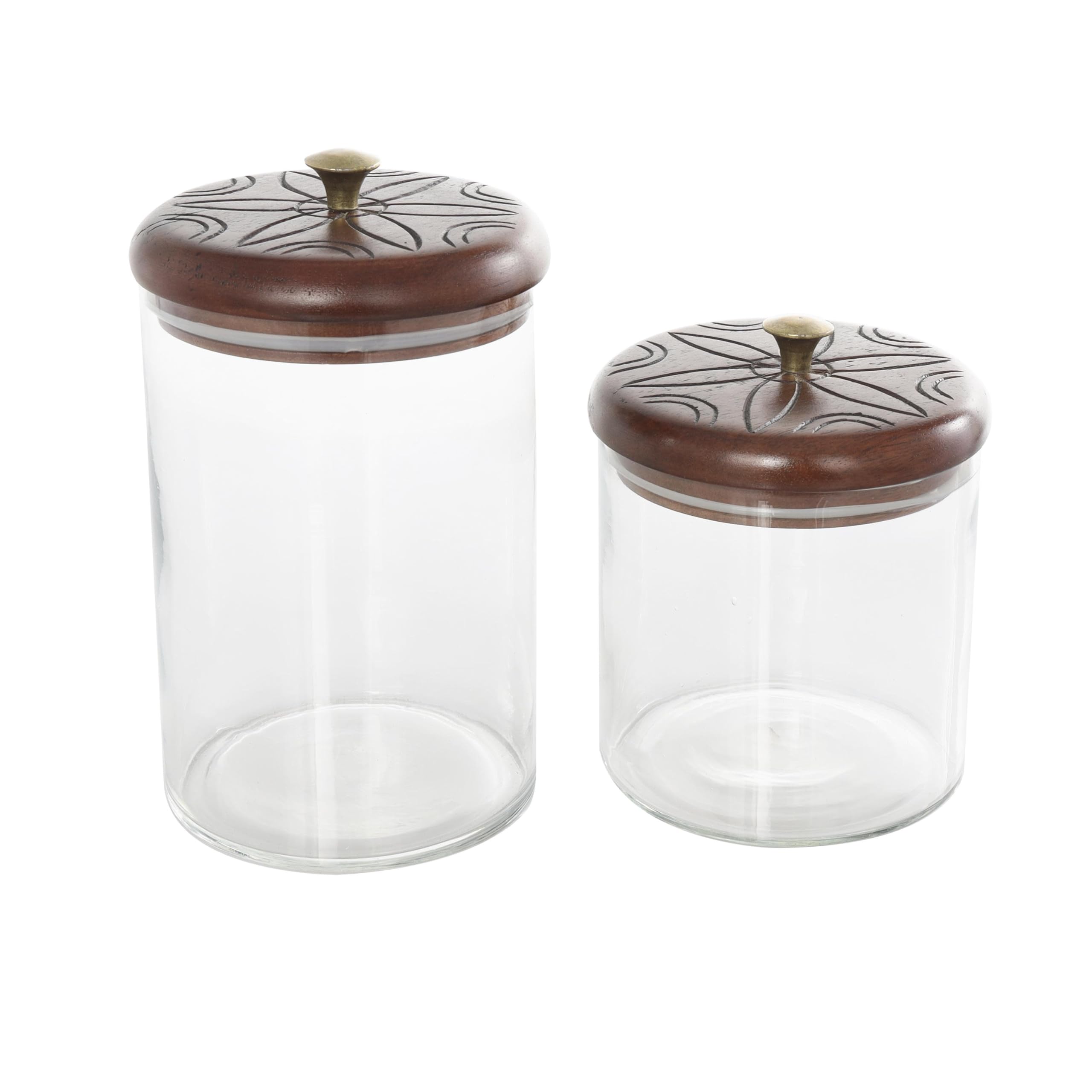 Deco 79 Glass Floral Living Room Decorative Jars Carved Decorative Container with Brown Wooden Lids and Gold Knobs, Set of 2 Jar
