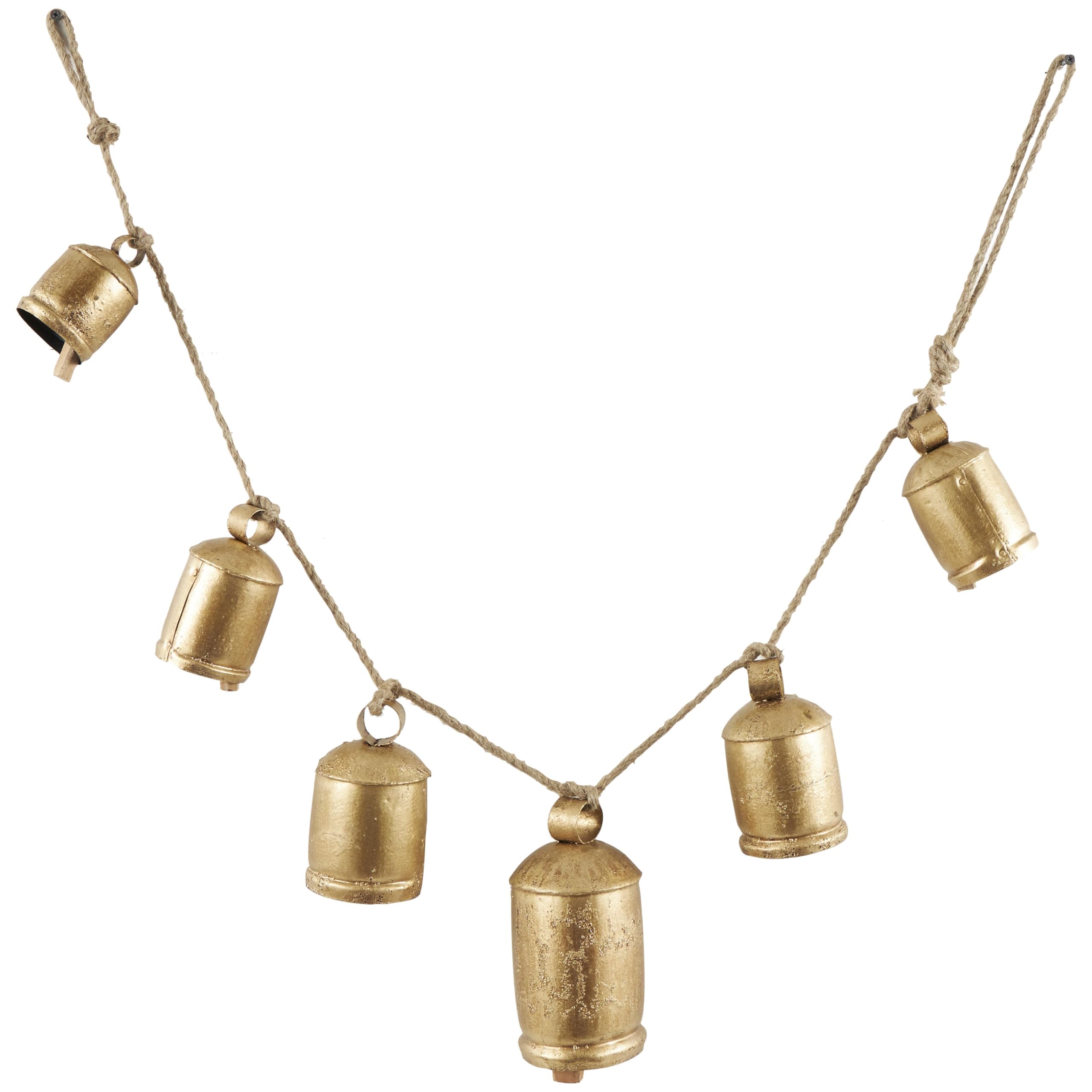 Deco 79 Metal Indoor Outdoor Decorative Cow Bells Tibetan Inspired String Hanging Meditation Bell with 6 Bells on Jute Hanging R