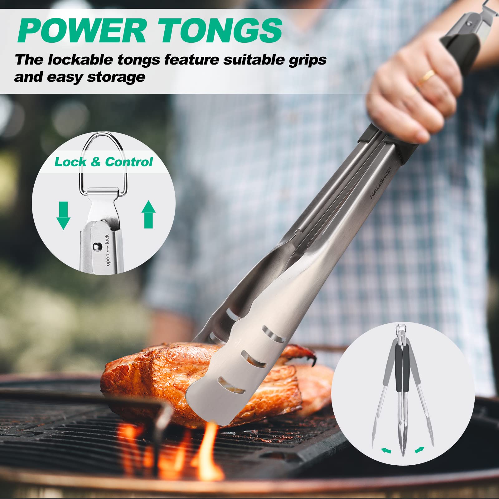 Haushof Large Grill Accessories Heavy Duty Bbq Set Gifts For Men/Women - Premium Stainless Steel Spatula, Fork & Tongs (16.5/16/