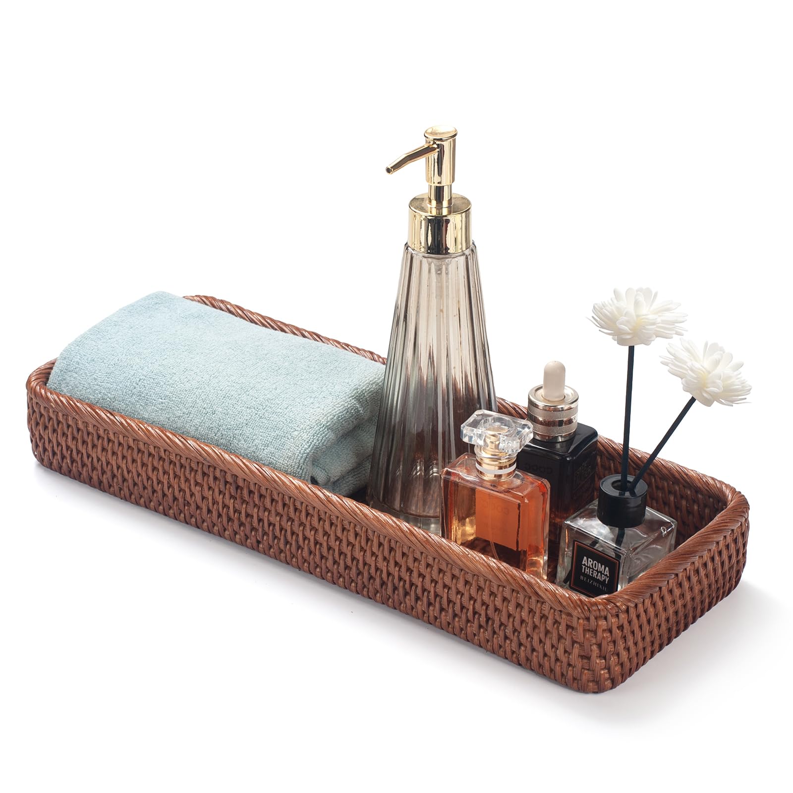 Rattan Bathroom Vanity Trays Toilet Tank Baskets Long Narrow Hand Towel Storage Basket For Storage, Decorative (Honey Brown 16.3