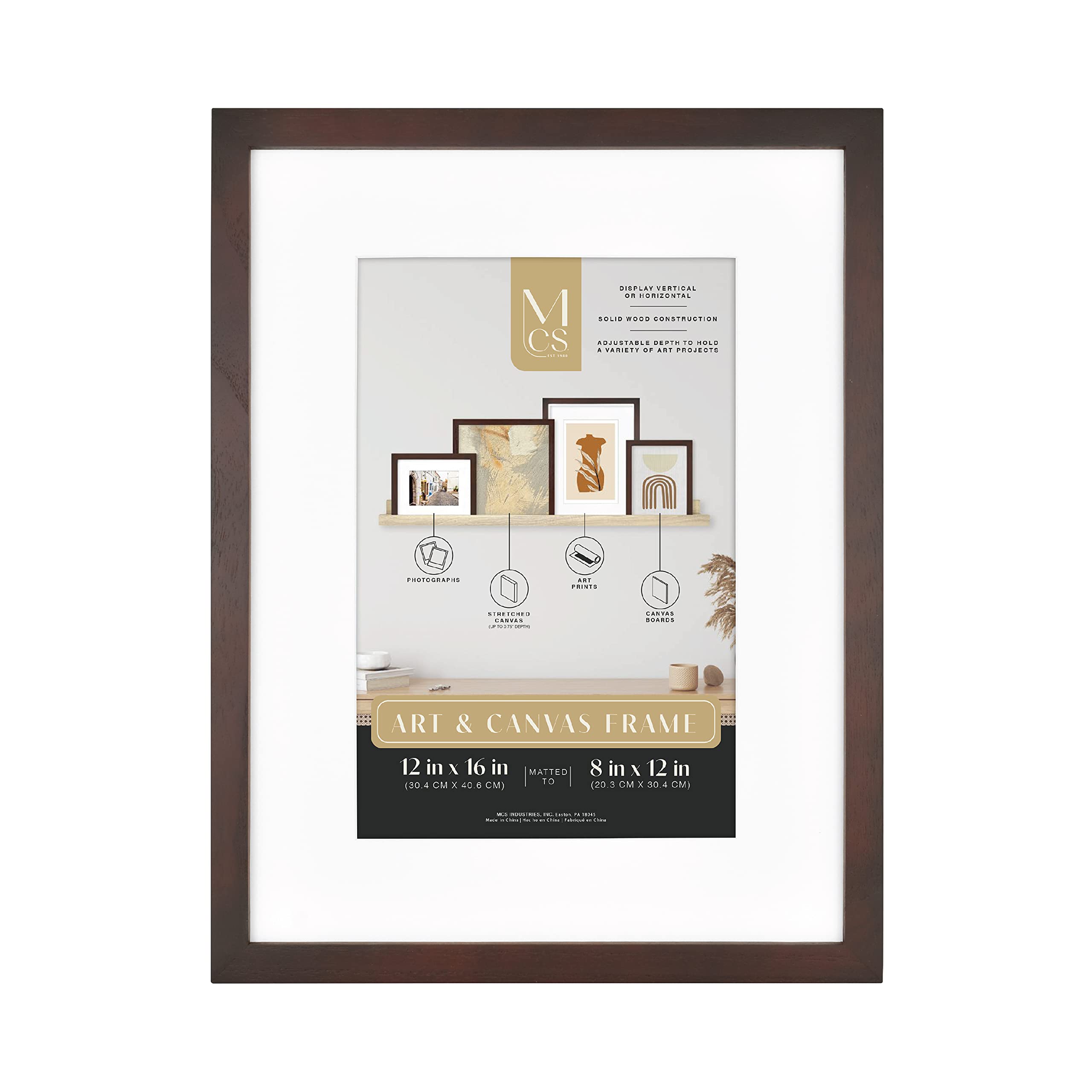 MCS Gallery Wooden Frame for Canvas, Art Boards, Photos and more, Walnut, 12x16 with 8x12 Mat
