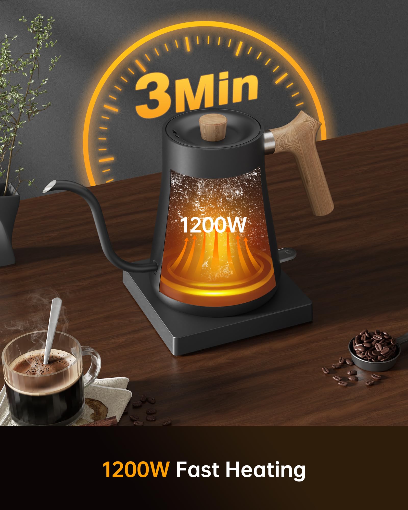 Fabuletta Gooseneck Electric Water Kettle, 3 Minutes Quick Heating, 1200W Pour Over Kettle For Coffee & Tea, Precise Water Flow