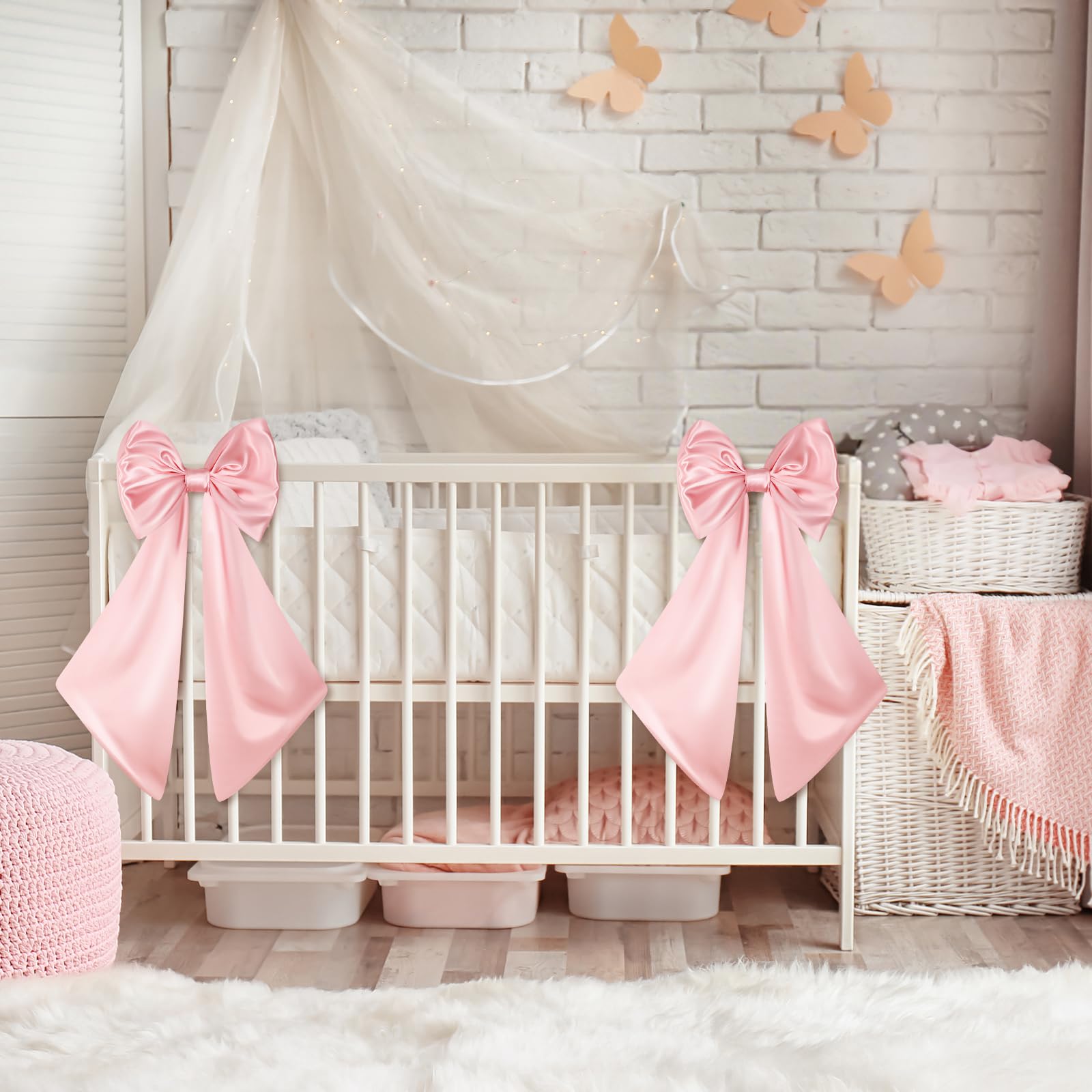 Suncalla 2 Pcs Large Pink Bows for Decoration 12 x 24 Pink Crib Bows Ribbon Coquette Double Layer Satin Silk Baby Crib Bedding f