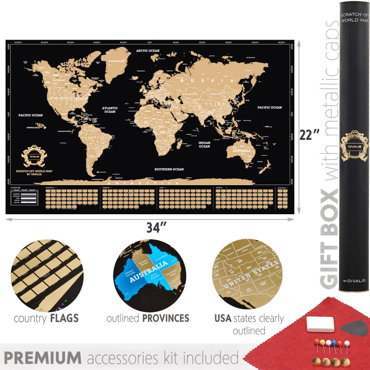 2 in 1 Gift Set - Scratch off Poster Top 100 Places to Visit in the World and Scratch off World Map - Best Places I`ve Been Map - Globetrotter Poster of Places Where You Have Been - Bundle of Two