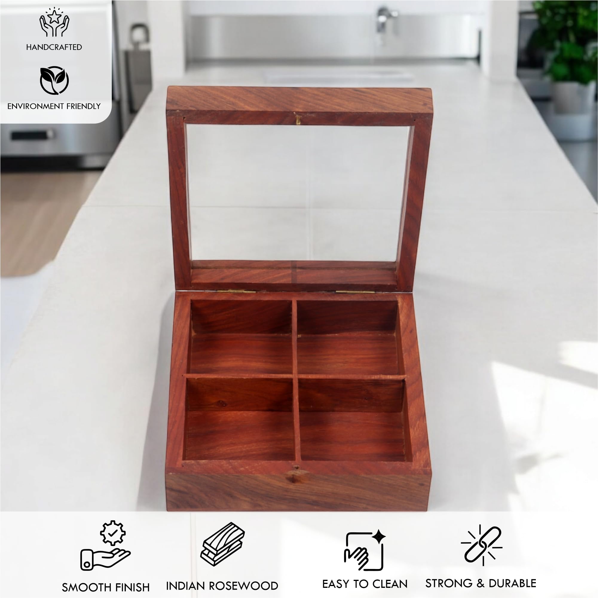 Wooden Spice Box With 4 Partitions & Spoon, Mukhwas For Refereshment, Spice Container For Kitchen, Masala Dabba, Namakdani For K