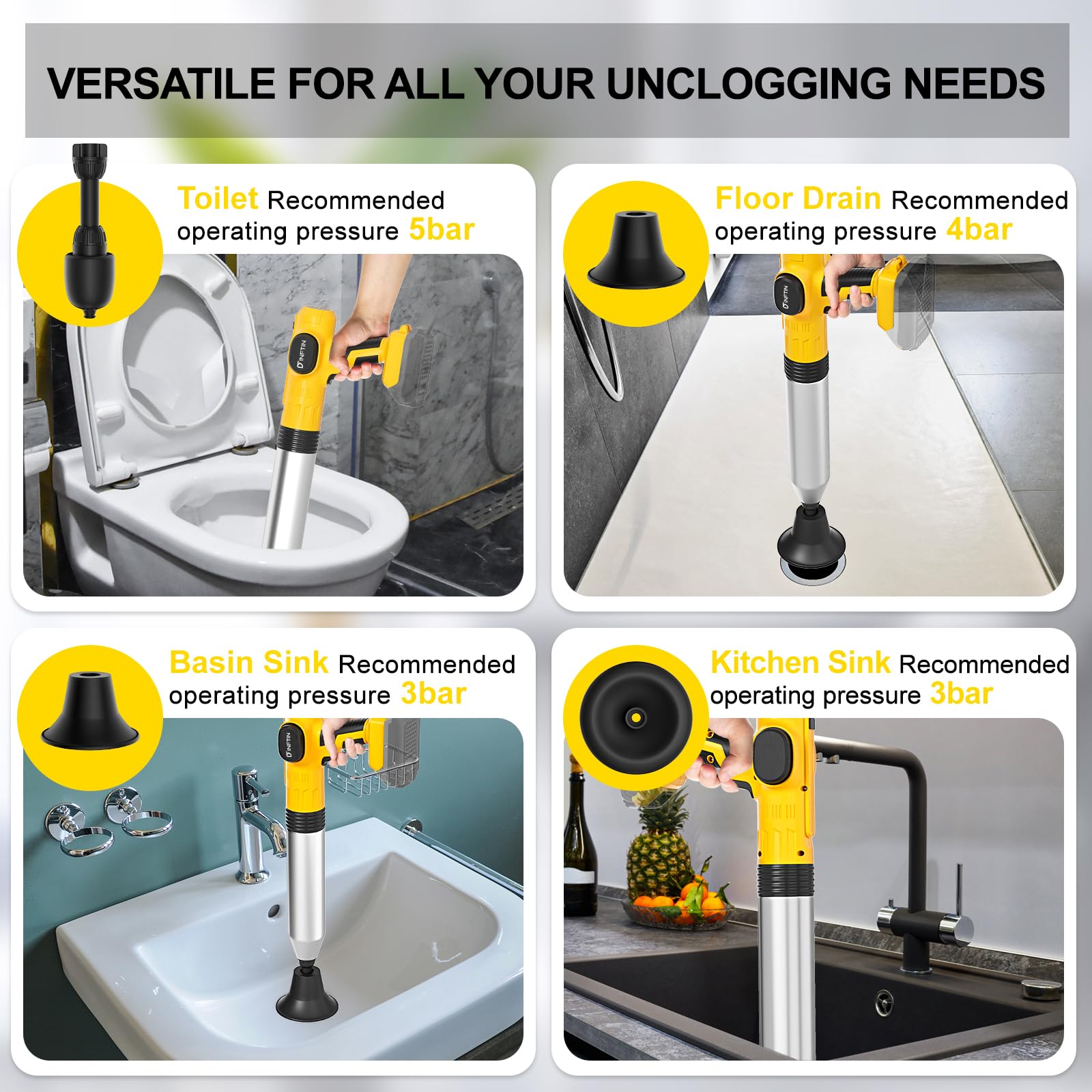 Electric Toilet Plunger Pro Compatible For Dewalt 20V Battery (Not Included) - Cordless Powerful High Pressure Unclogger, Drain