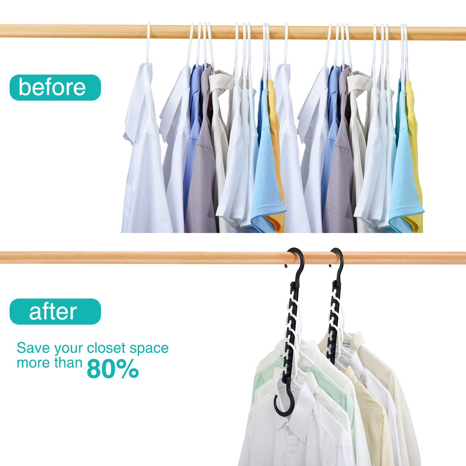 HOUSE DAY Sturdy Plastic Space Saving Hangers 12 Pack  Cascading Hangers Organizer Closet Space Saver 80% and Wrinkle Free Clothes  Multi Collapsible Hangers for Heavy Clothes  Shirts  Pants (Black)