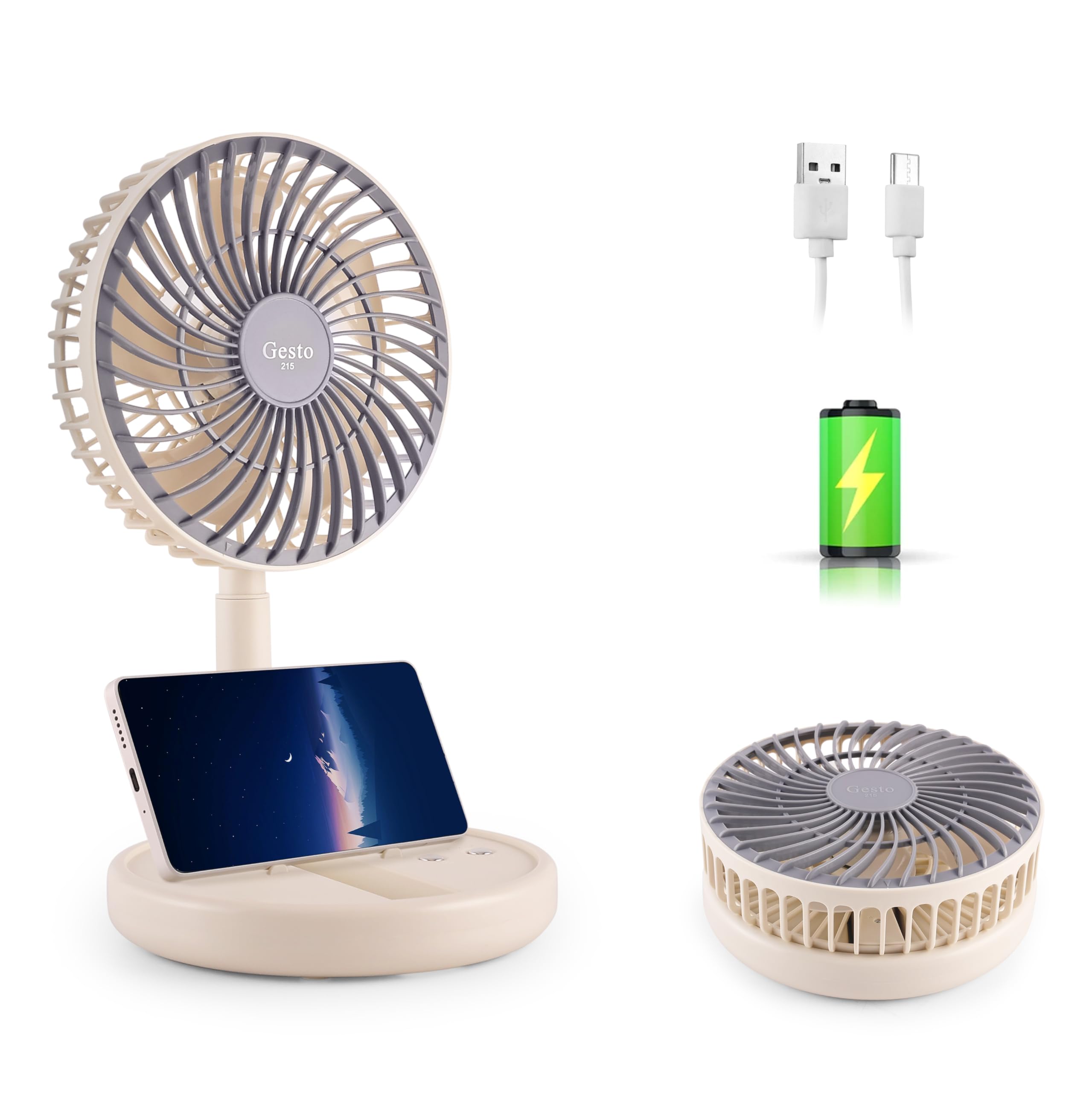 Gesto High Speed Rechargeable Table Fan For Home | Foldable Usb Charging Battery Fan With Led Light | 2400Mah Battery For Upto 8