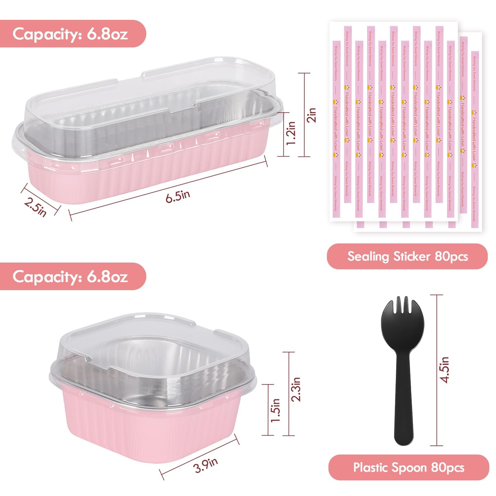 Yqer Mini Loaf Pans With Lids For Baking Bread Disposable, Mini Baking Pans With Lids And Spoons Pink Sticker, 50 Pcs 6.8Oz Mini