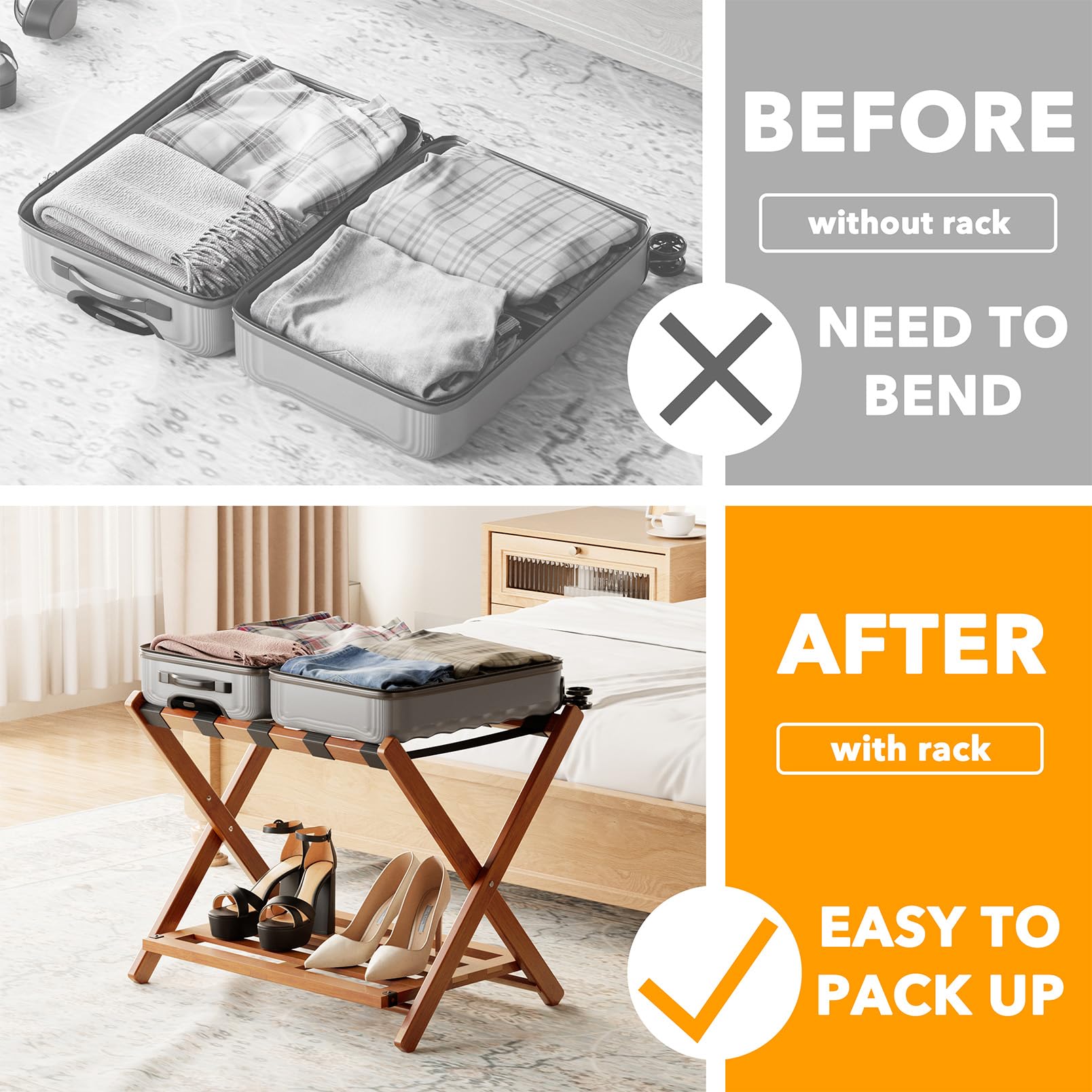 Spaceaid Fully Assembled Luggage Rack 1 Pack, Bamboo Foldable Suitcase Stand For Guest Room, Heavy Duty Folding Luggage Holder W