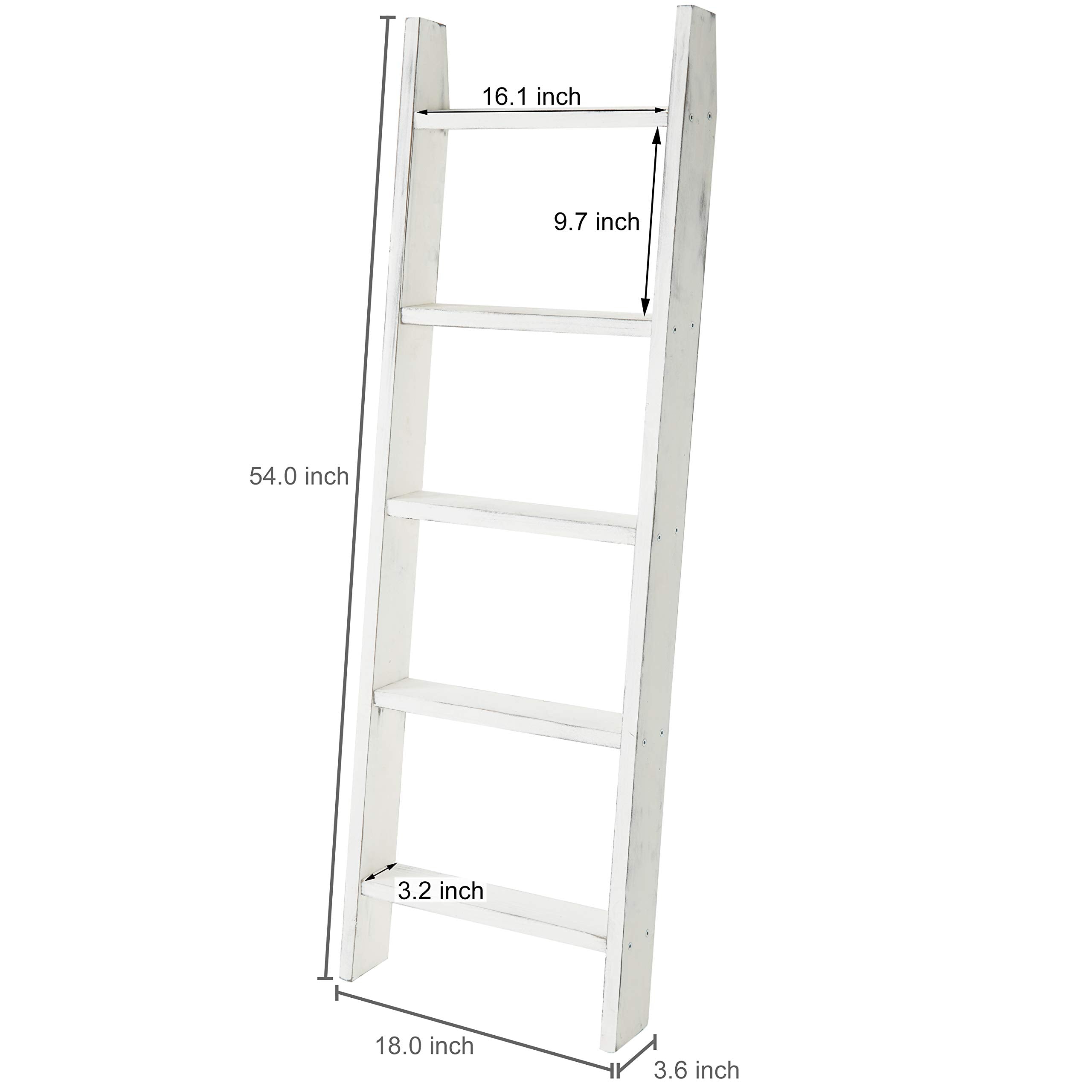 Mygift Large Whitewashed Wood Ladder Blanket Ladder, Farmhouse Style Wall Leaning Towel Rack With 5 Rungs (Vintage White)