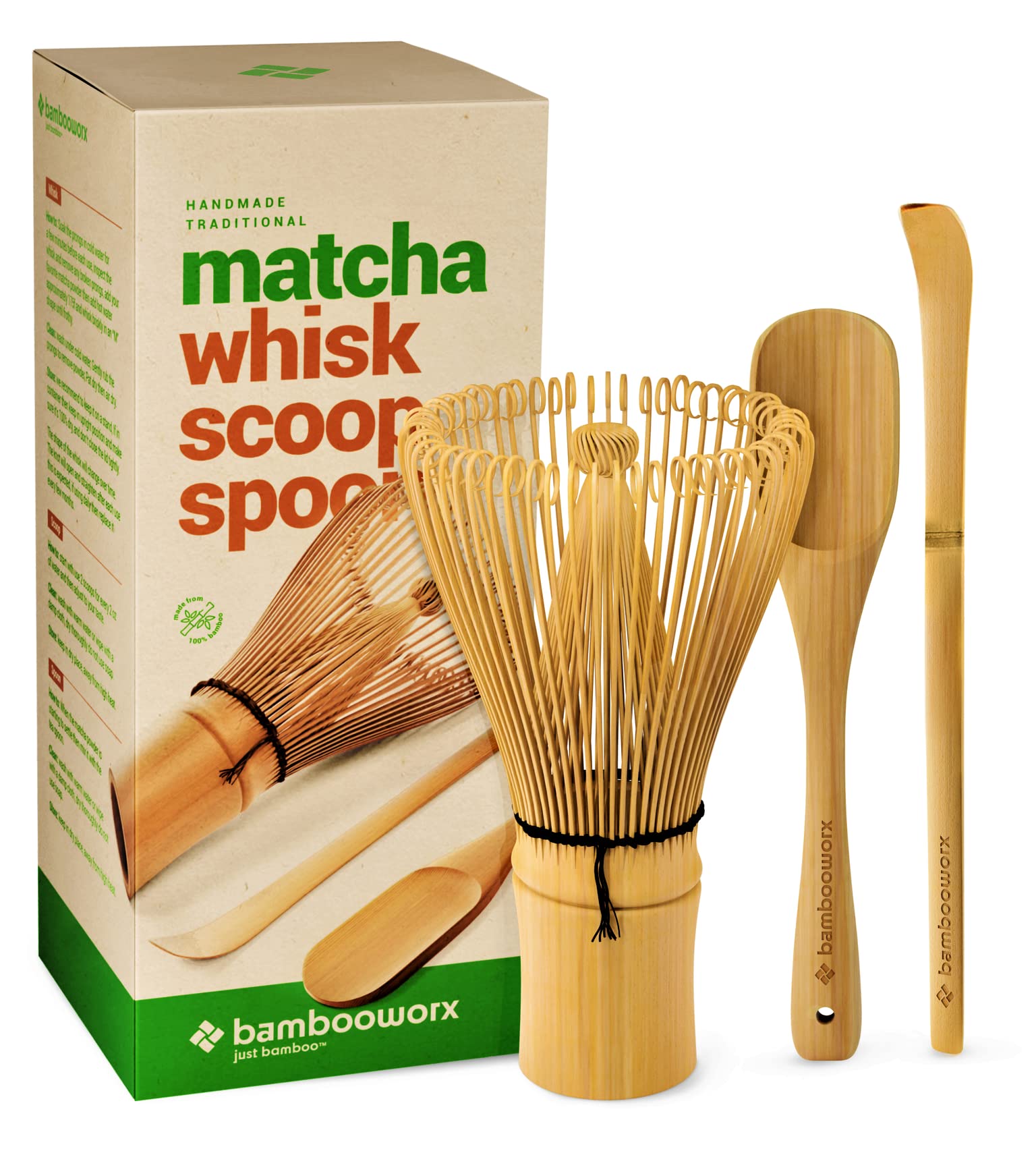 Bambooworx Matcha Whisk Set - Matcha Whisk (Chasen), Traditional Scoop (Chashaku), Tea Spoon. The Perfect Set To Prepare A Cup O