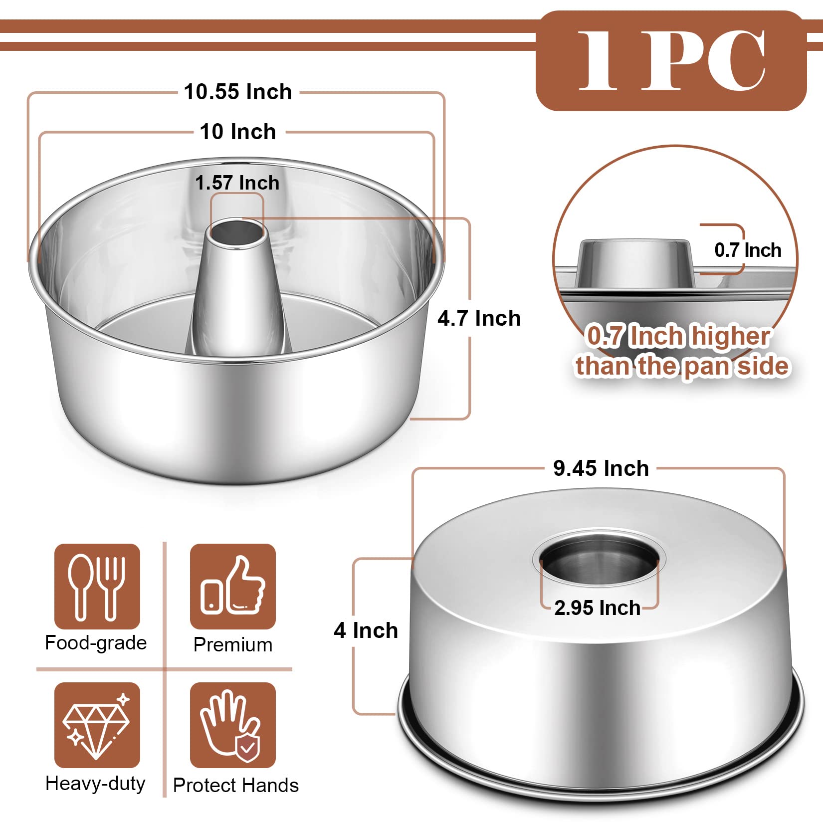 P&P Chef Angel Food Cake Pan, Stainless Steel 10 Inch Cake Pan With Tube, Round Cake Pan Pound Cake Baking Tin, Conical Hollow &