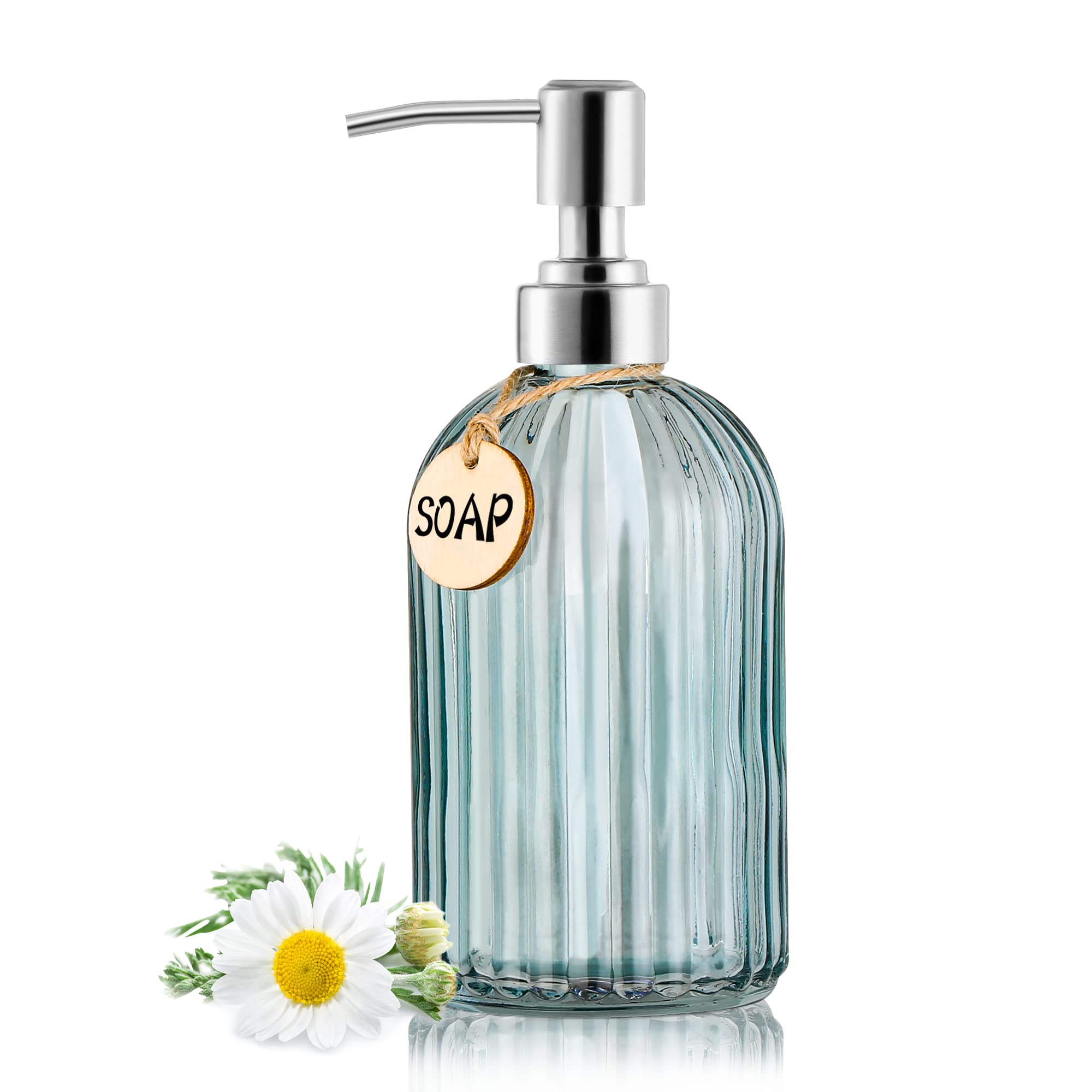 Moclif 16Oz Fashion Stripe Clear Glass Refillable Soap Dispenser With 304 Stainless Steel Pump Premium Soap Dispenser, For Kitch