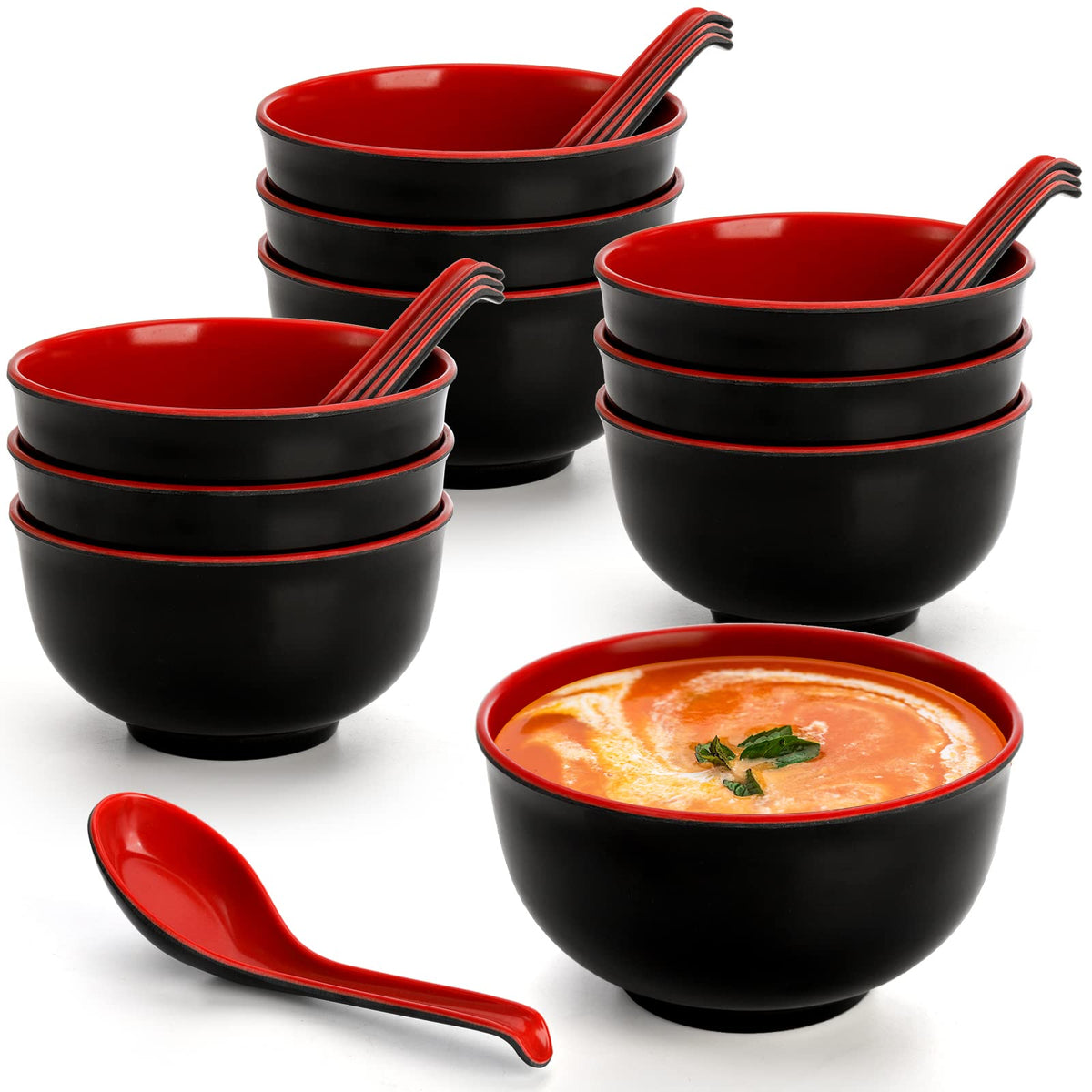 Lyellfe Set Of 10 Miso Soup Bowl With Spoon, Restaurant Quality Melamine Cereal Rice Bowl, 16 Oz Unbreakable Japanese Dinnerware