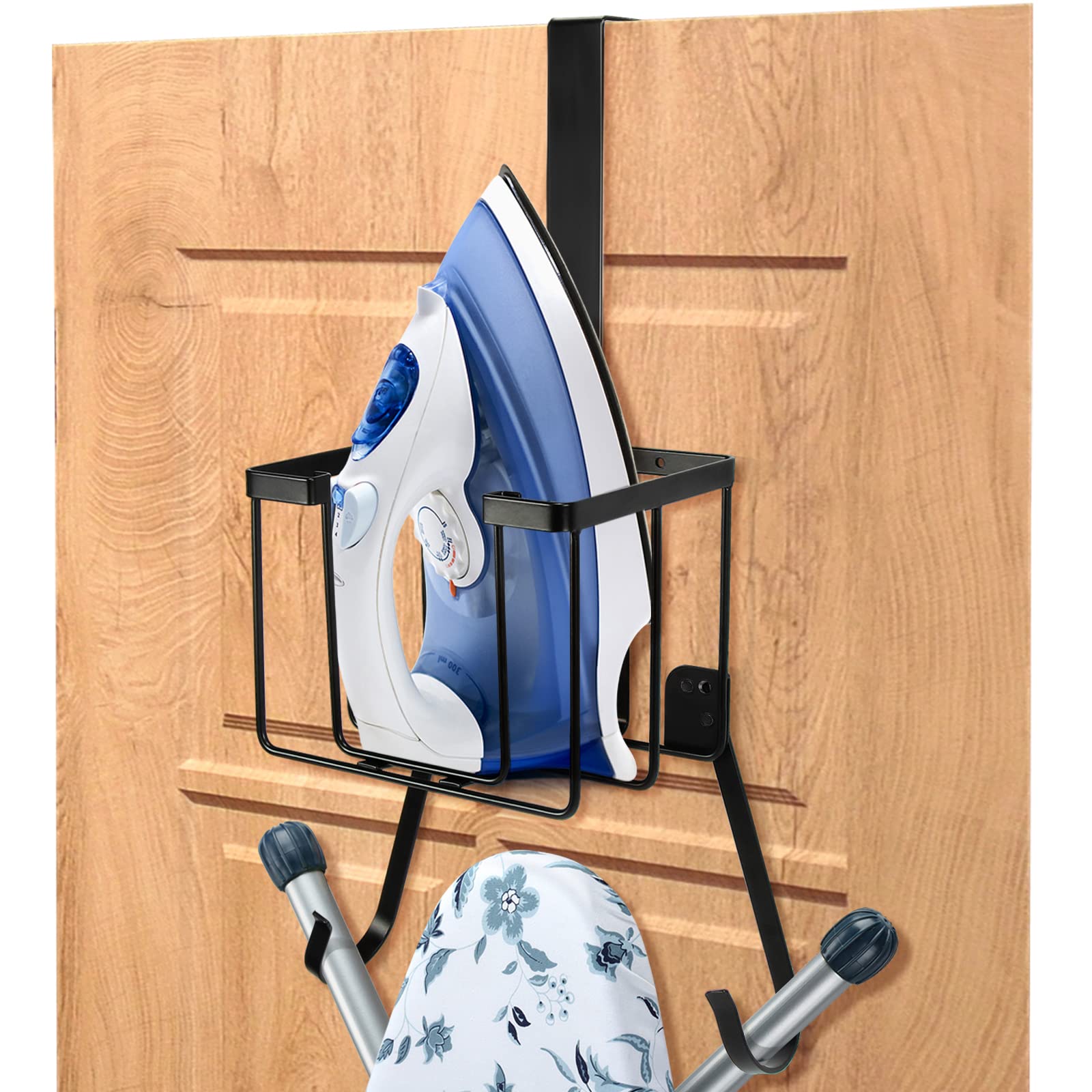 Orless Over The Door/Wall Mount Ironing Board Hanger, Laundry Room Iron And Ironing Caddy Board Storage Holder, Black