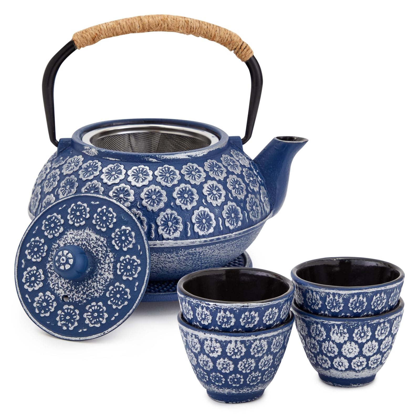 Juvale 6 Piece Set Japanese Cast Iron Teapot With Infuser, 4 Teacups And Trivet (32 Oz, Blue)