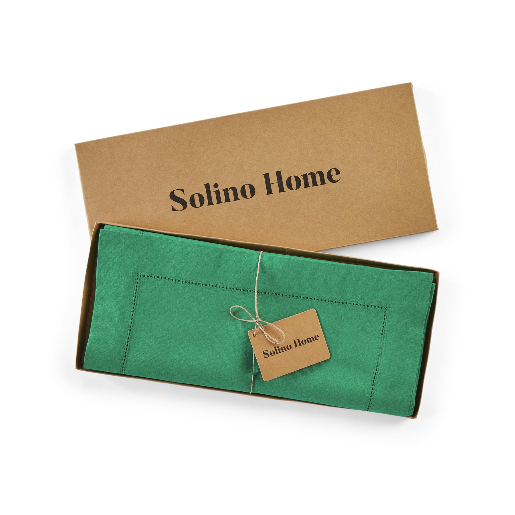 Solino Home Emerald Green Linen Table Runner 108 Inches Long - 100% Pure Linen Classic Hemstitch Table Runner 14 X 108 Inch - Ma