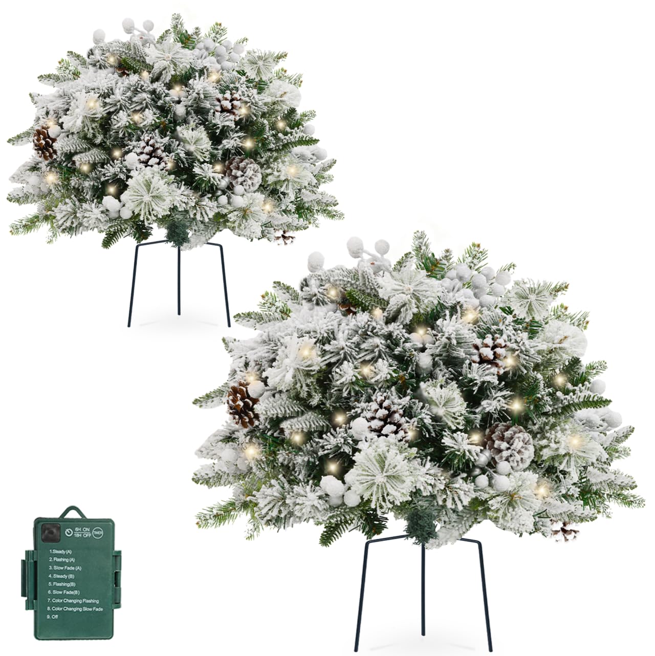 TOWPONICS Set of 2 Flocked Outdoor Christmas Trees Planter Filler, 18in Artificial Lighted Xmas Tree for Front Porch Yard Garden