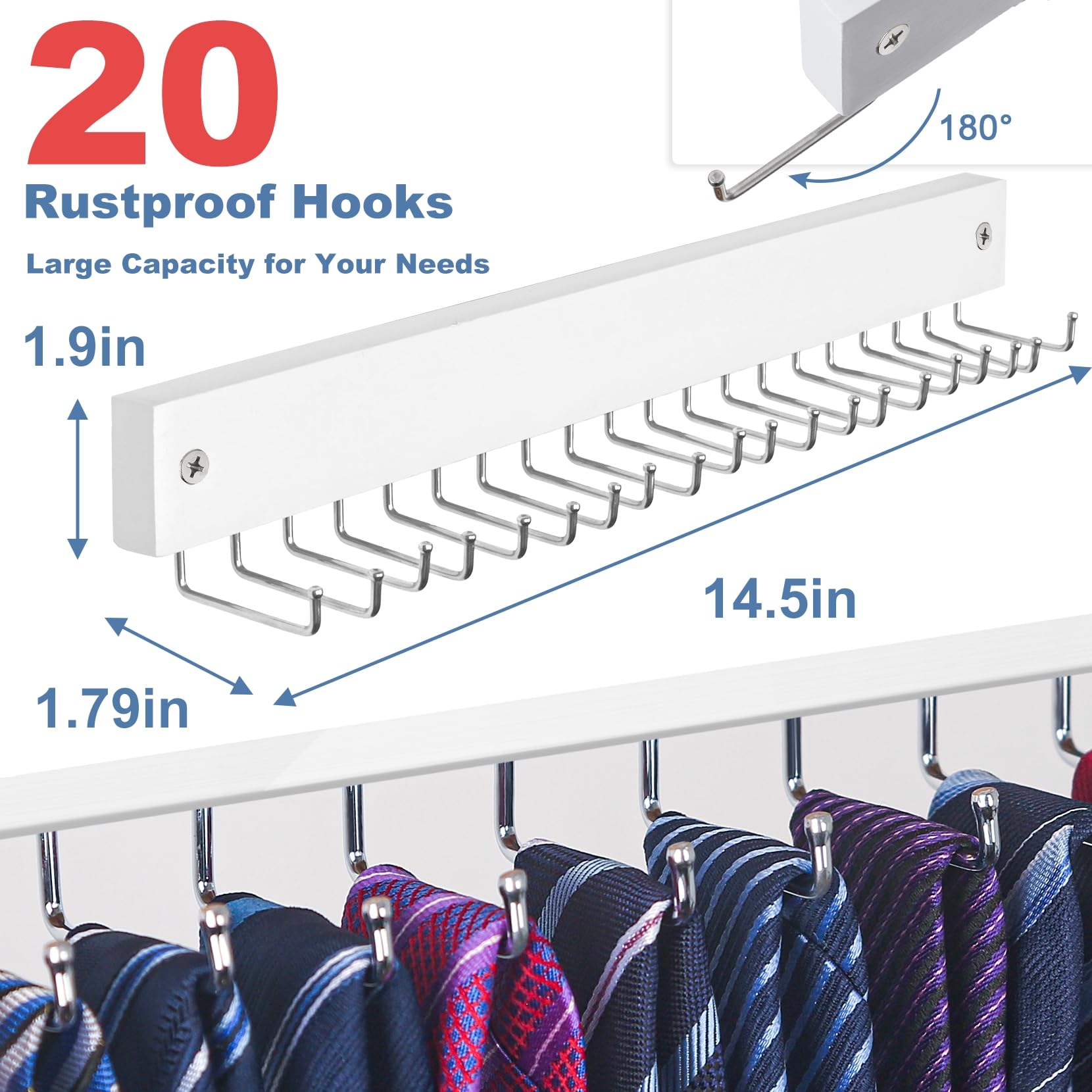 Tie Rack Wall Mounted Belt Hanger, 360 Rotating Tie Hanger Belt Organizer 20 Storage Hooks For Belt, Ties, Purse, Scarves, Tank
