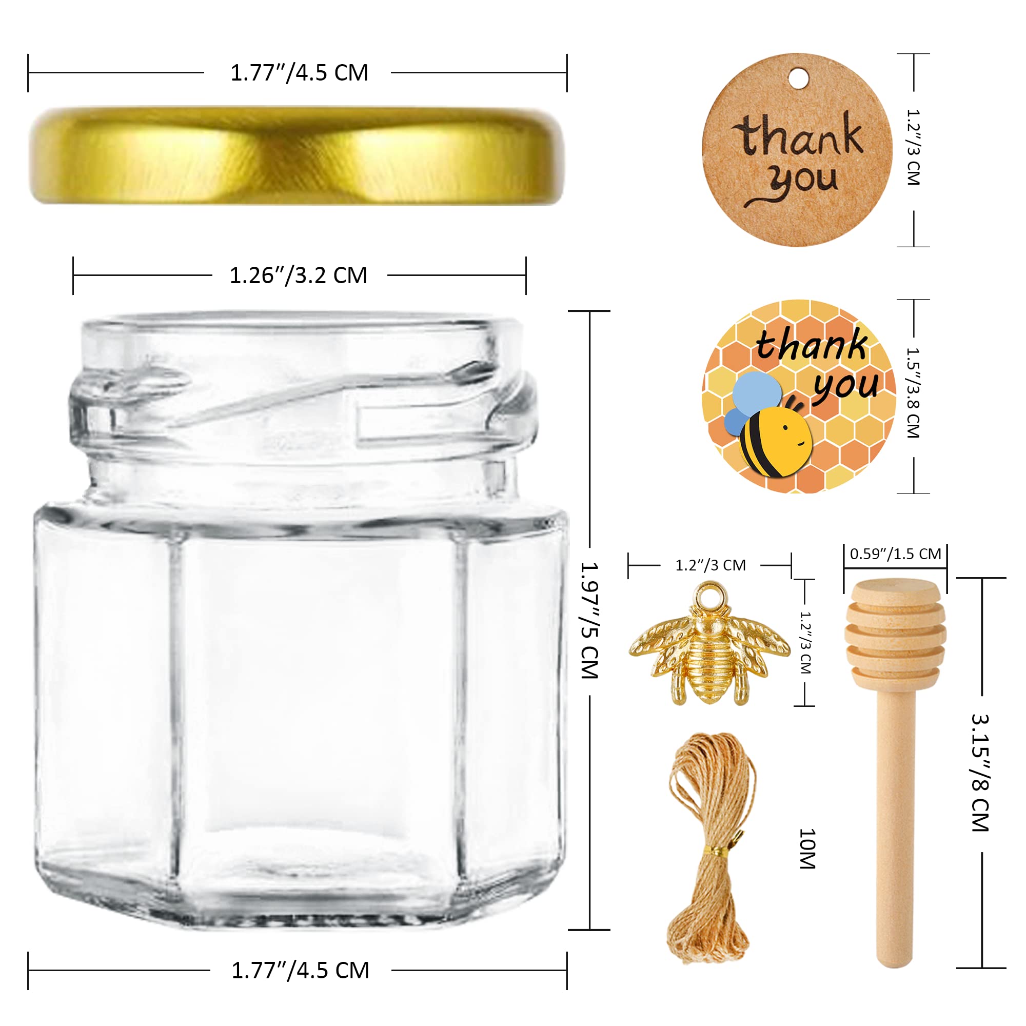 Givameihf Mini Glass Honey Jars-1.5 Oz,60Pcs Hexagon Honey Jars With Wood Dipper,Stickers,Bee Pendants,Tags,Rope,Small Honey Jar