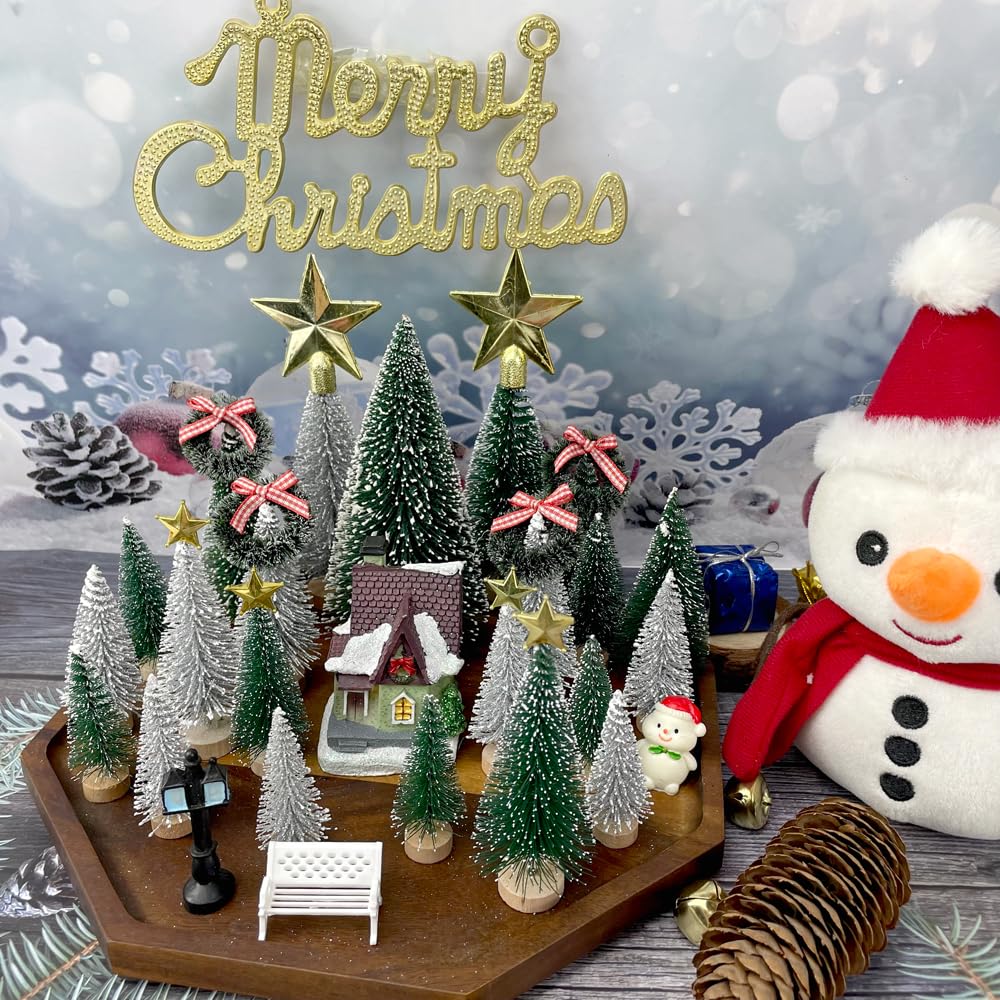 NotiGat Miniature Christmas Pine Tree mini Bottle Brush Christmas Trees Table top Village Winter Tree for Christmas Decorations