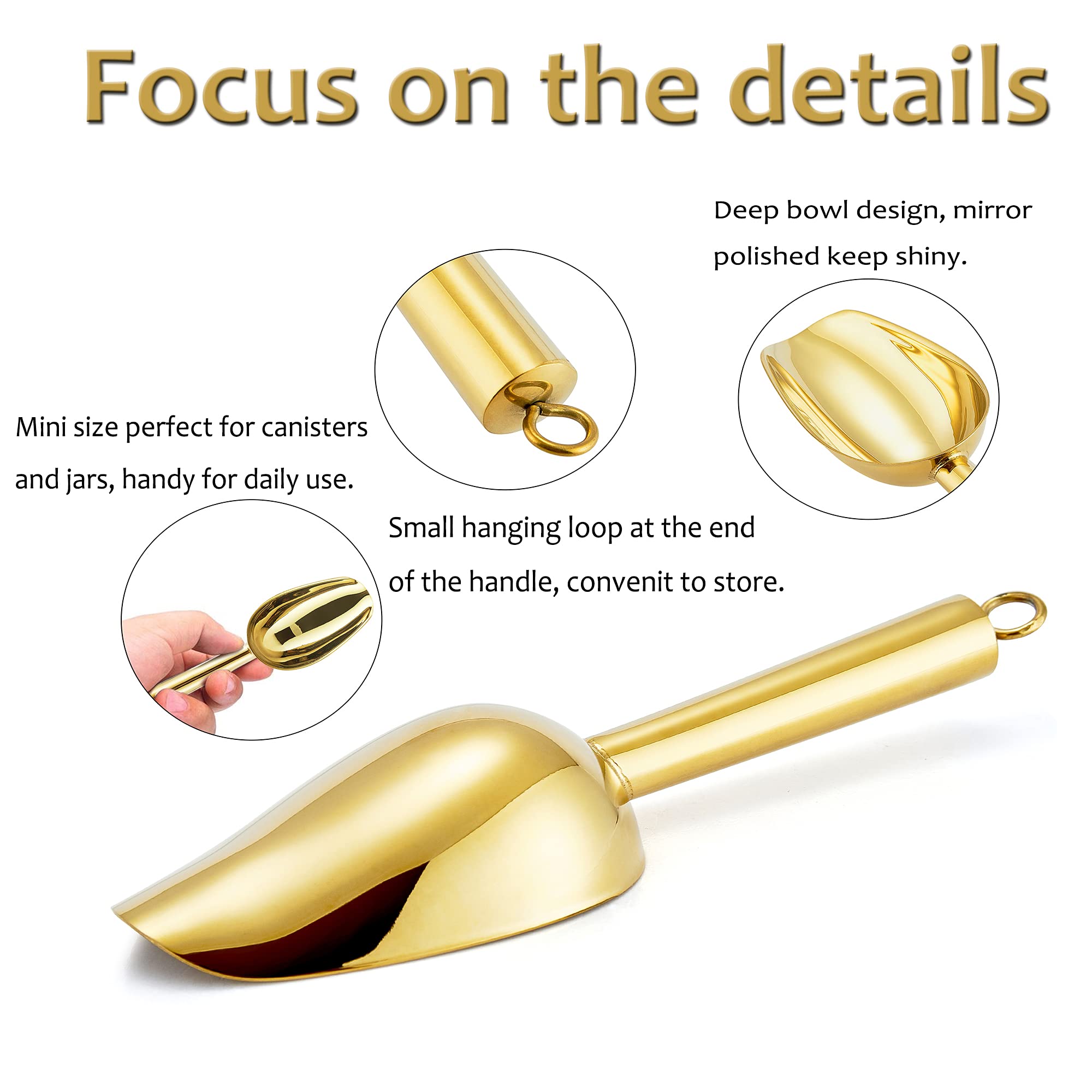 Mini Ice Scoop Set Of 6, E-Far 3 Ounce Gold Stainless Steel Scoops For Candy/Flour/Sugar, Small Metal Scoops For Party/Canisters